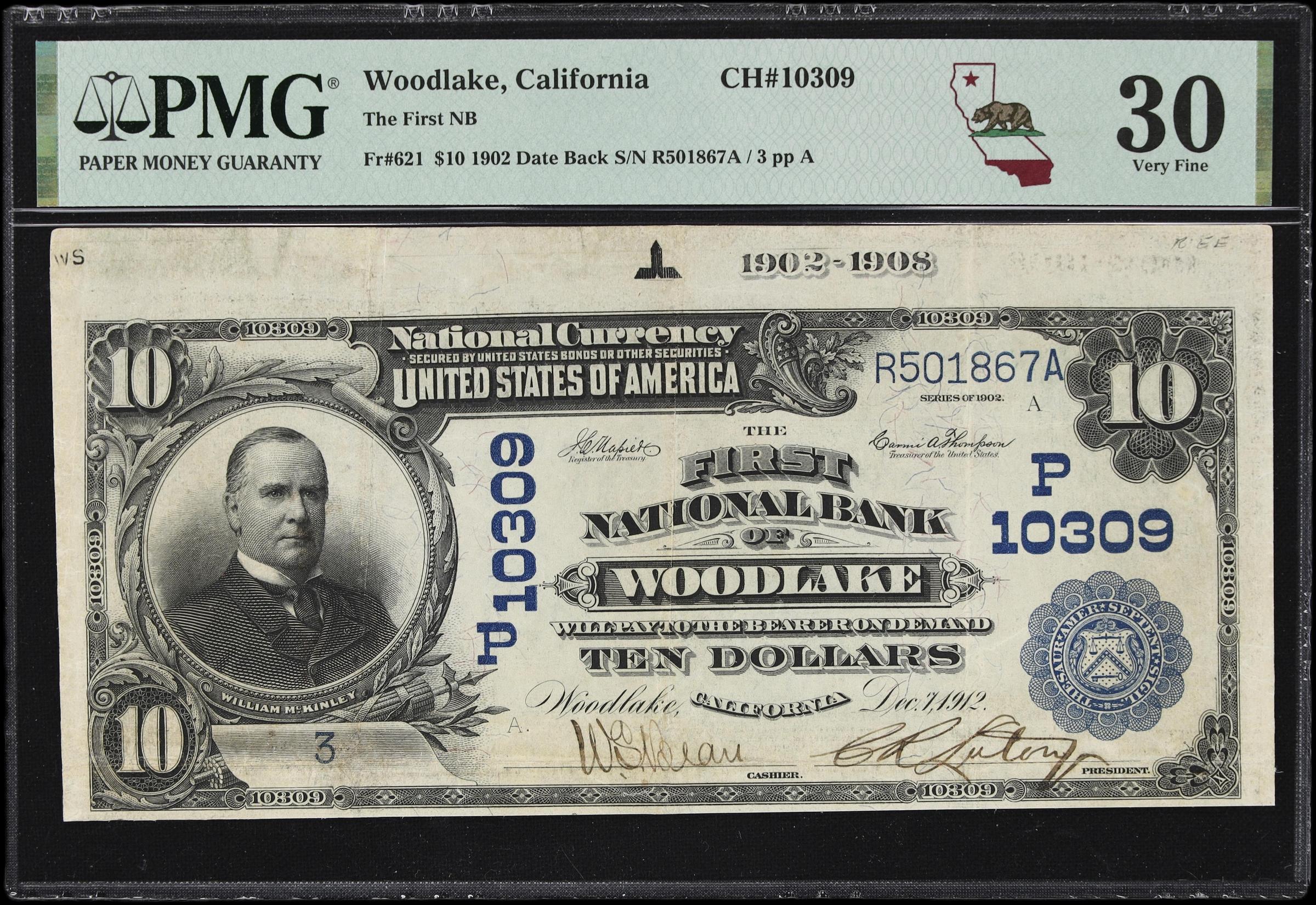 image for: Woodlake, California. $10 1902 Date Back. Fr. 621. The First NB. Charter #10309. PMG Very Fine 30. Serial Number 3.