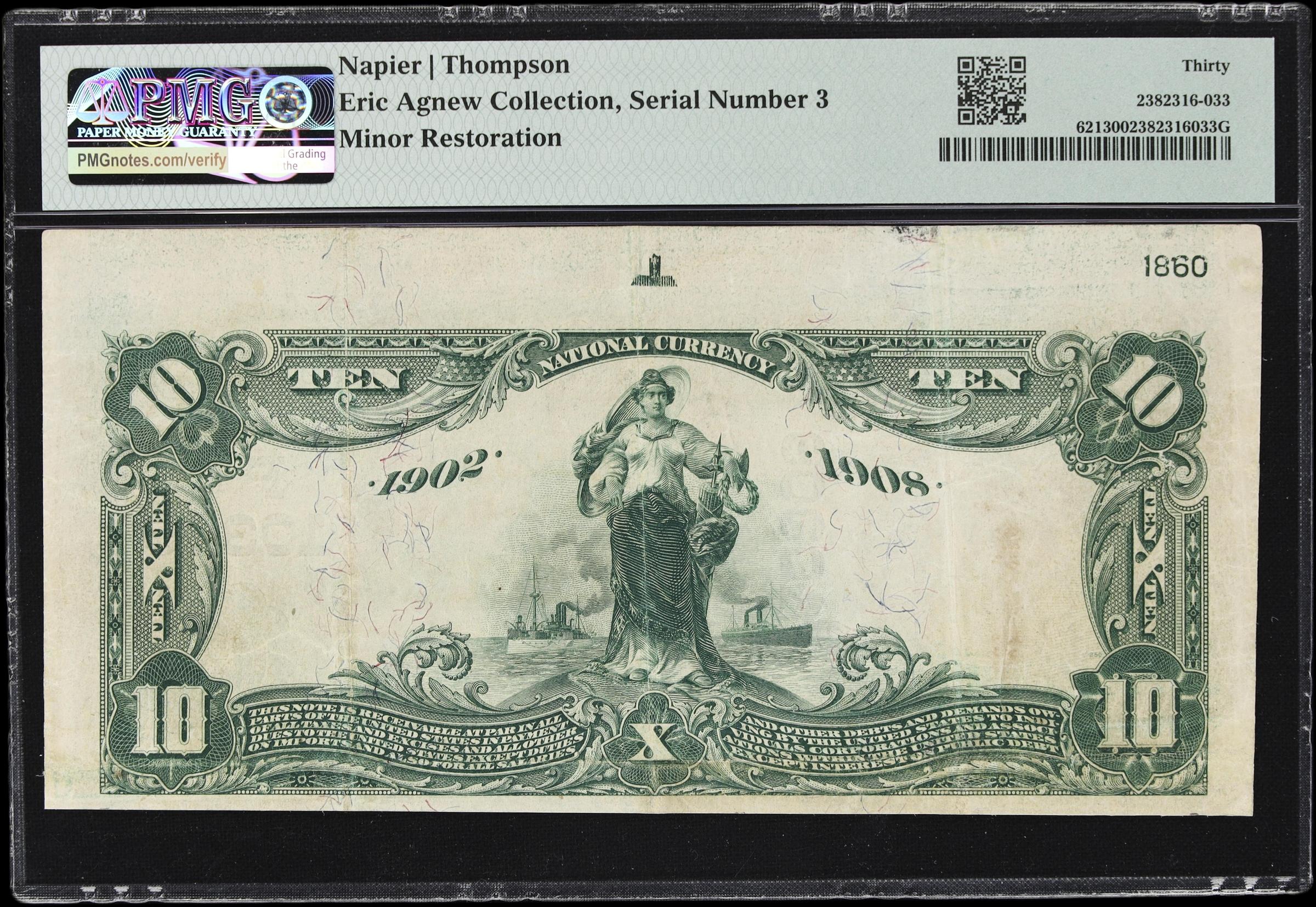 image for: Woodlake, California. $10 1902 Date Back. Fr. 621. The First NB. Charter #10309. PMG Very Fine 30. Serial Number 3.