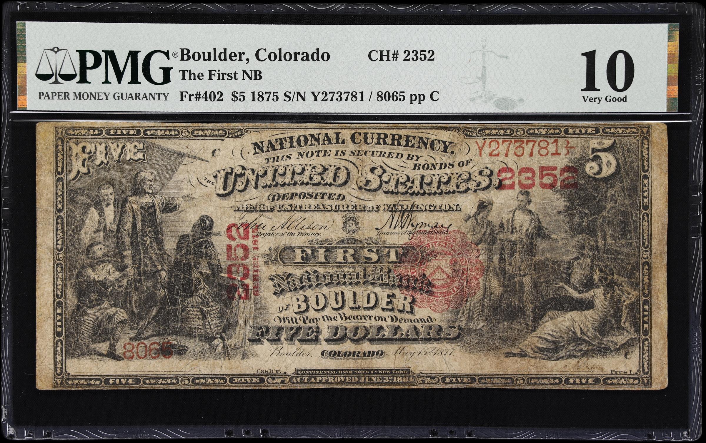 image for: Boulder, Colorado. $5 1875. Fr. 402. First NB. Charter #2352. PMG Very Good 10.
