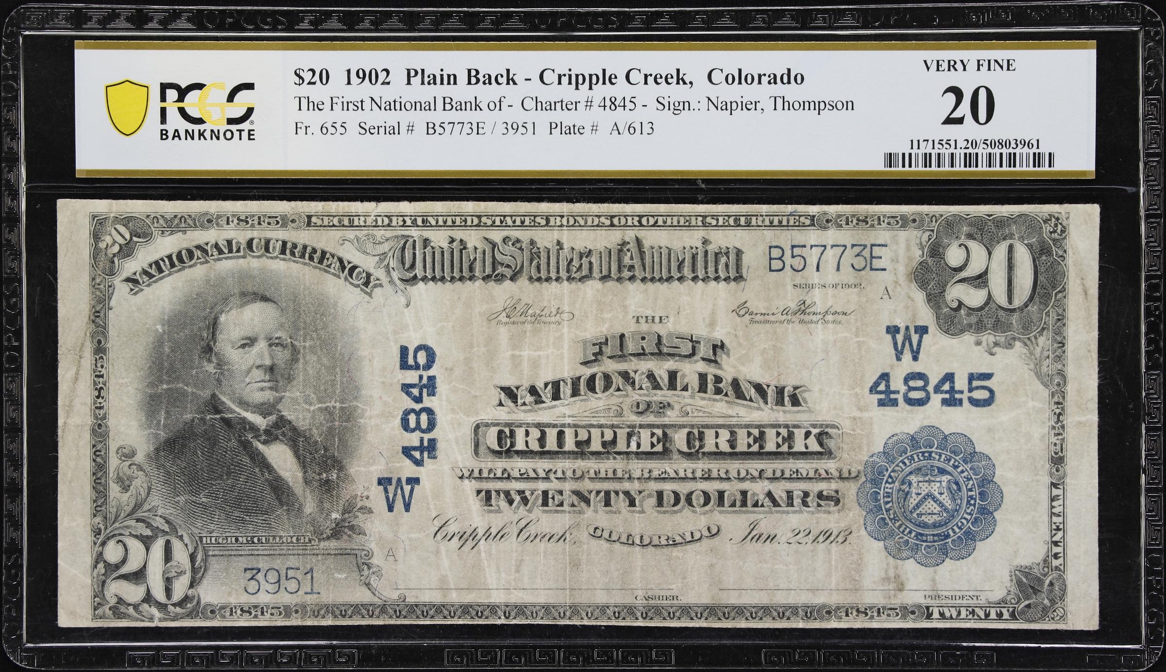 image for: Cripple Creek, Colorado. $20 1902 Plain Back. Fr. 655. First NB. Charter #4845. PCGS Banknote Very Fine 20.