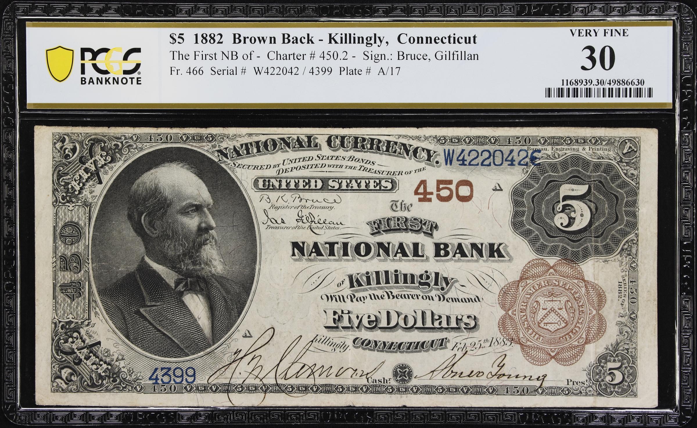 image for: Killingly, Connecticut. $5 1882 Brown Back. Fr. 466. First NB. Charter #450. PCGS Banknote Very Fine 30.
