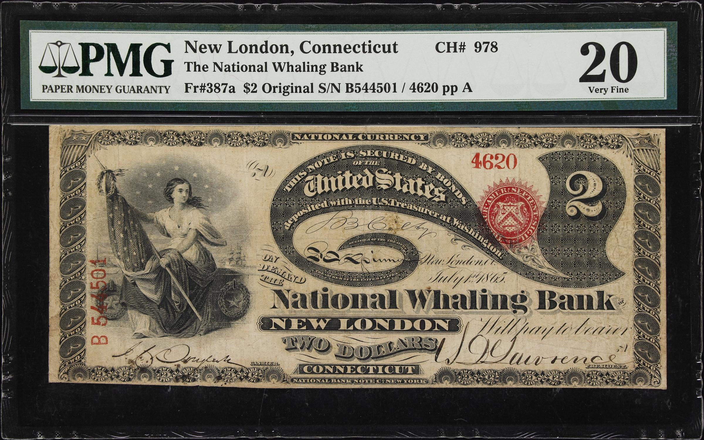 image for: New London, Connecticut. $2 Original. Fr. 387a. National Whaling Bank. Charter #978. PMG Very Fine 20.