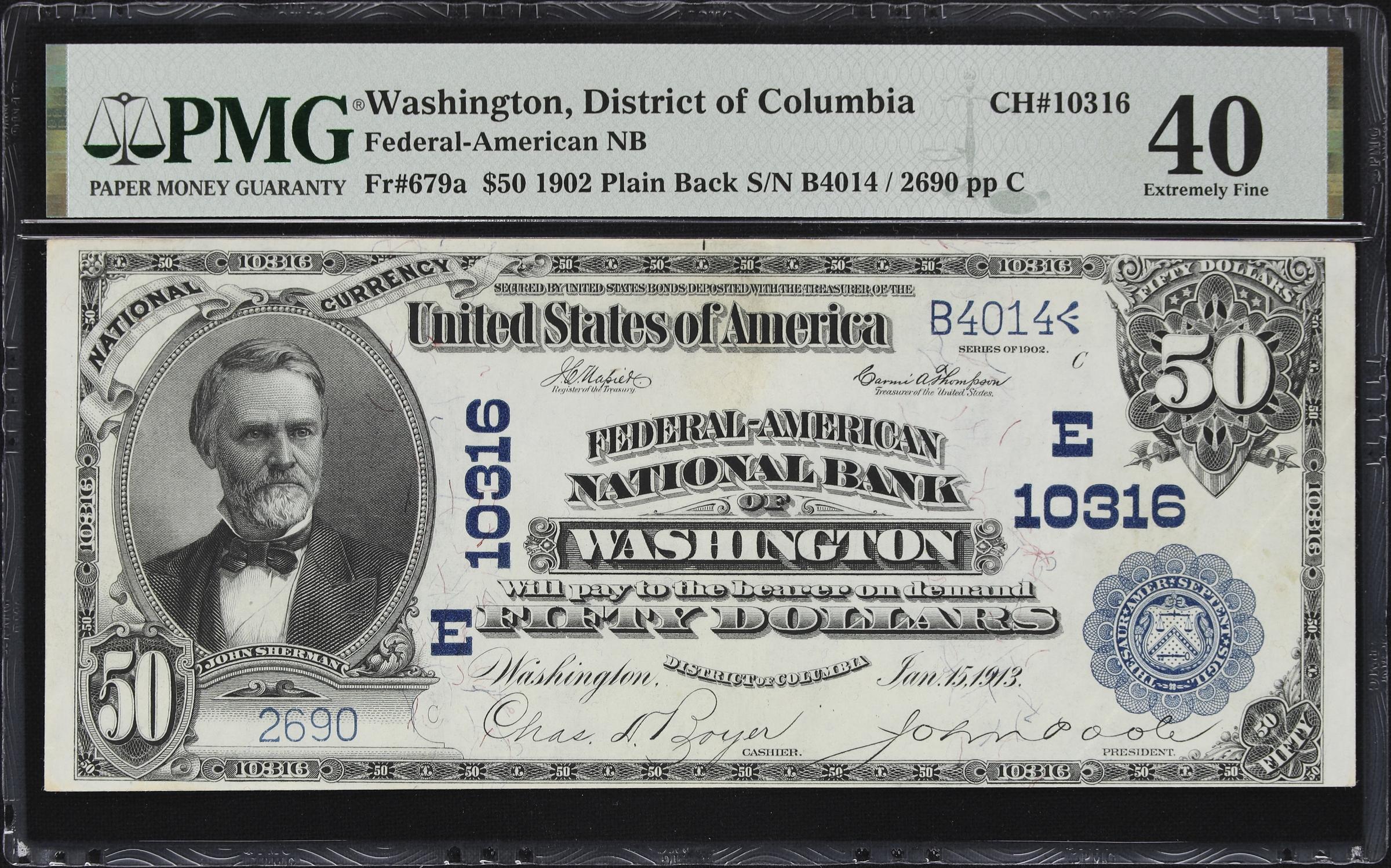 image for: Washington, District of Columbia. $50 1902 Plain Back. Fr. 679a. Federal-American NB. Charter #10316. PMG Extremely Fine 40.