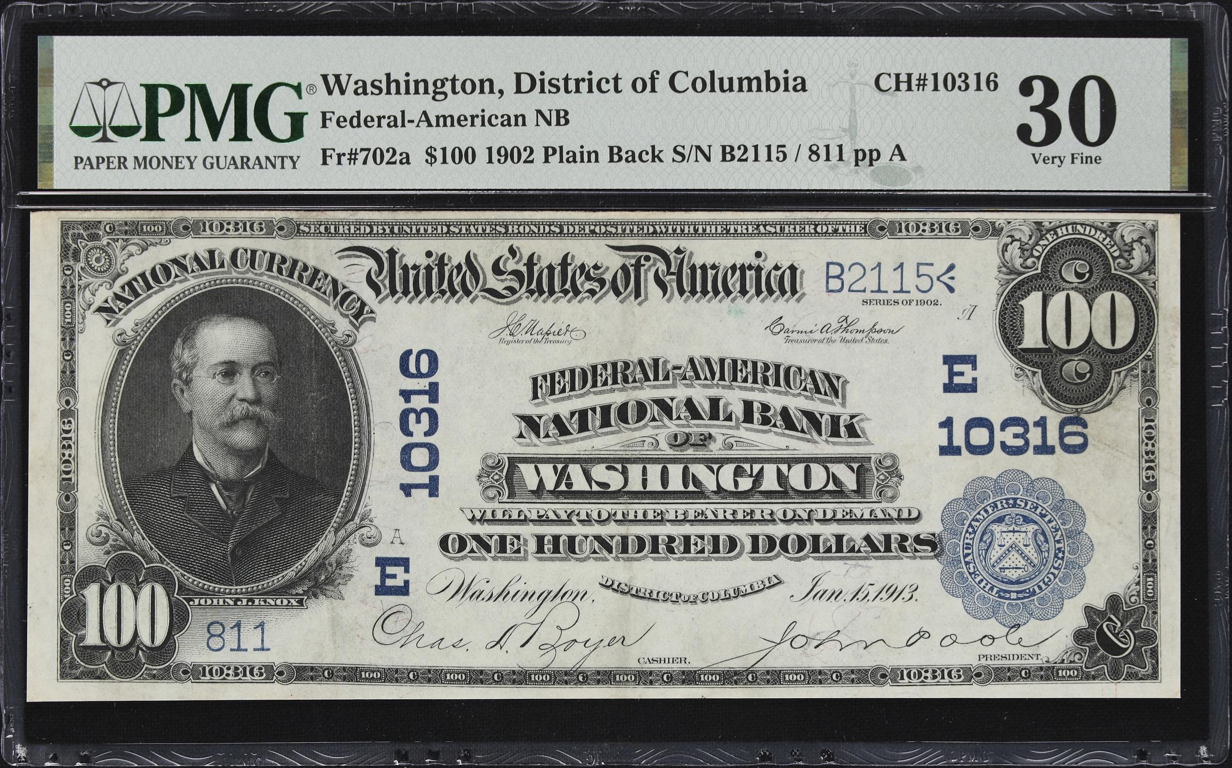 image for: Washington, District of Columbia. $100 1902 Plain Back. Fr. 702a. Federal-American NB. Charter #10316. PMG Very Fine 30.