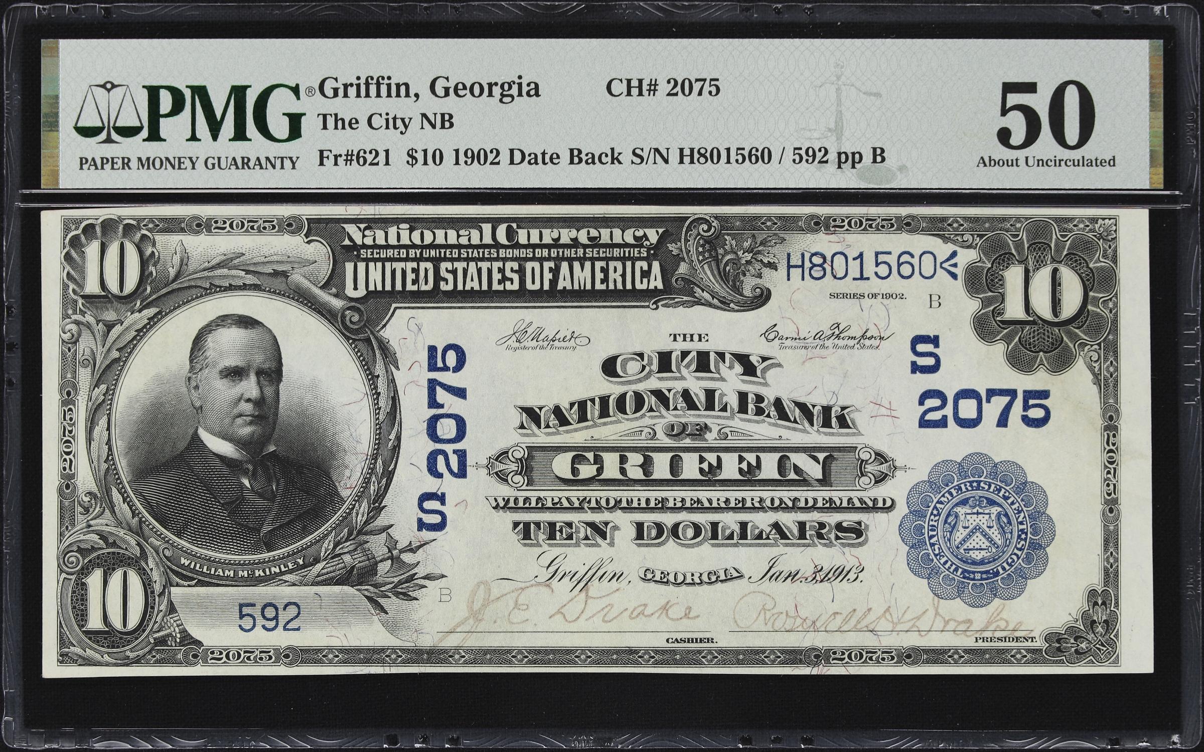 image for: Griffin, Georgia. $10 1902 Date Back. Fr. 621. City NB. Charter #2075. PMG About Uncirculated 50.
