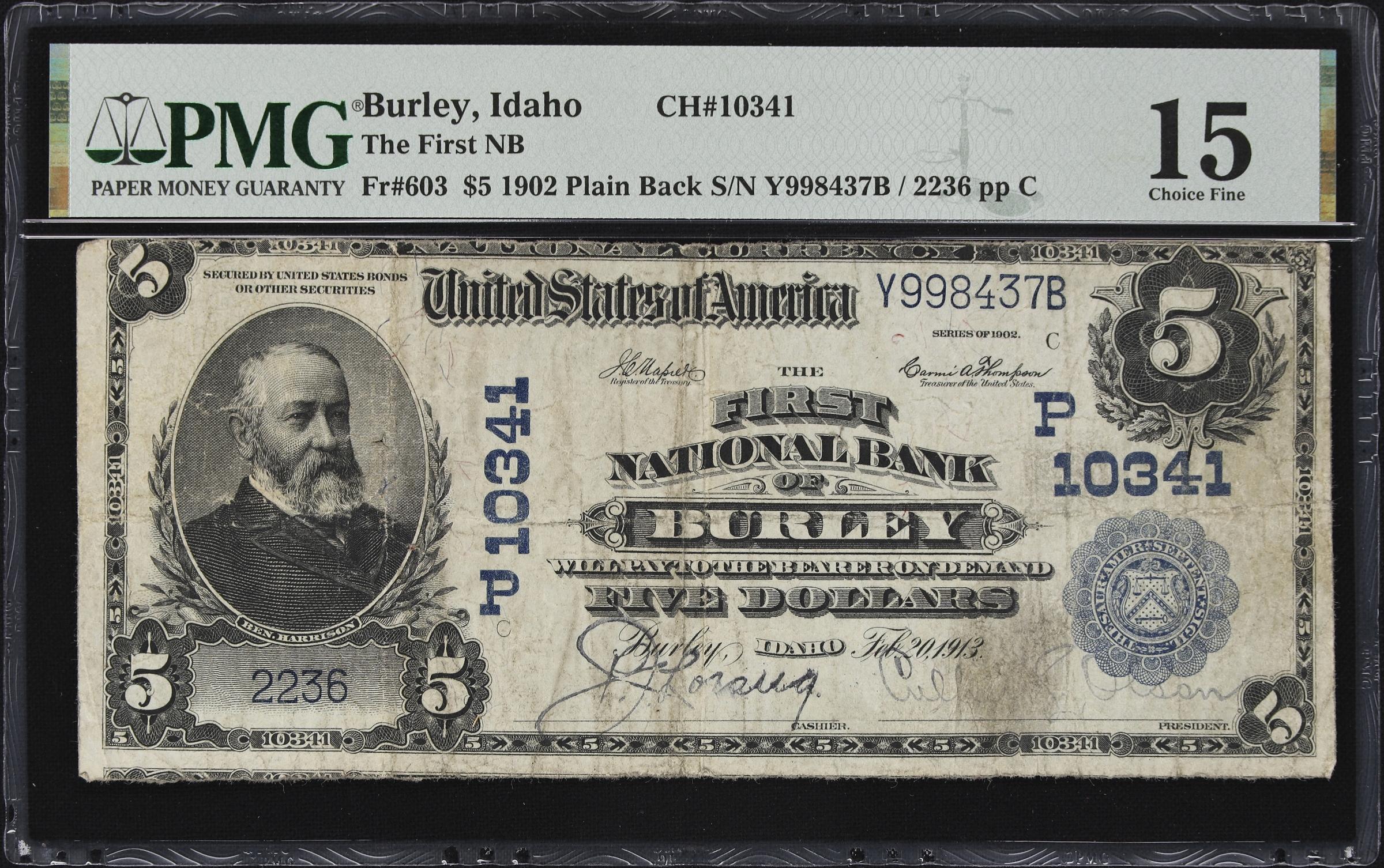image for: Burley, Idaho. $5 1902 Plain Back. Fr. 603. First NB. Charter #10341. PMG Choice Fine 15.