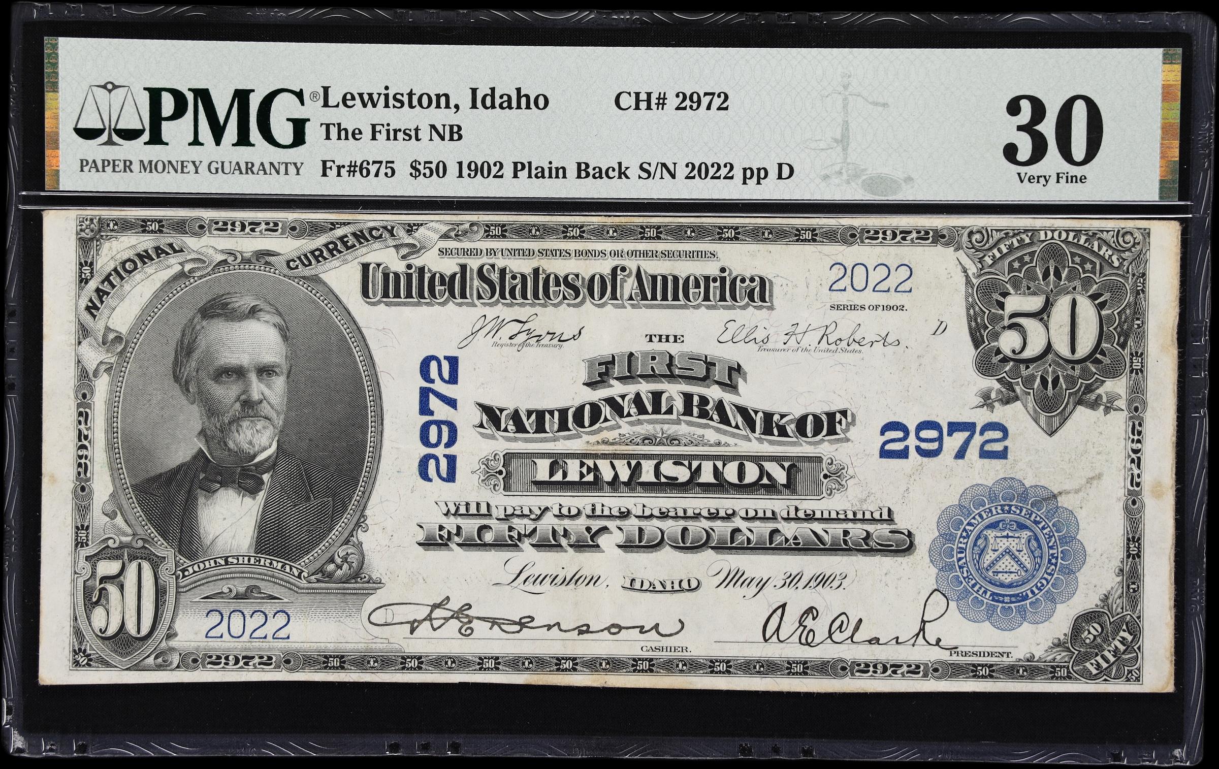 image for: Lewiston, Idaho. $50 1902 Plain Back. Fr. 675. First NB. Charter #2972. PMG Very Fine 30.