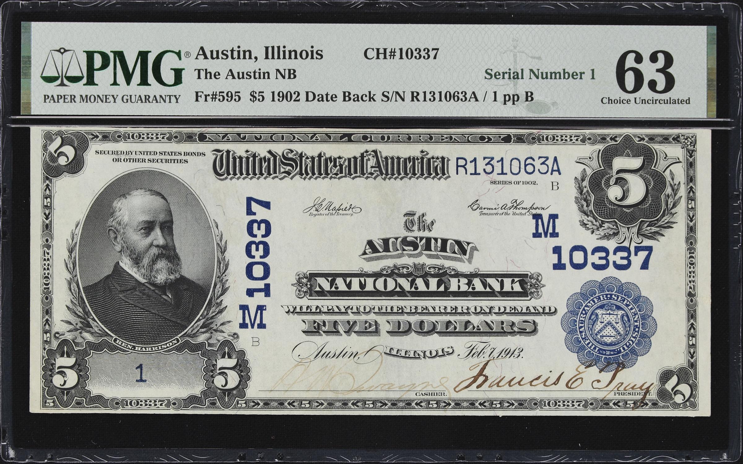 image for: Austin, Illinois. $5 1902 Date Back. Fr. 595. Austin NB. Charter #10337. PMG Choice Uncirculated 63. Serial Number 1.