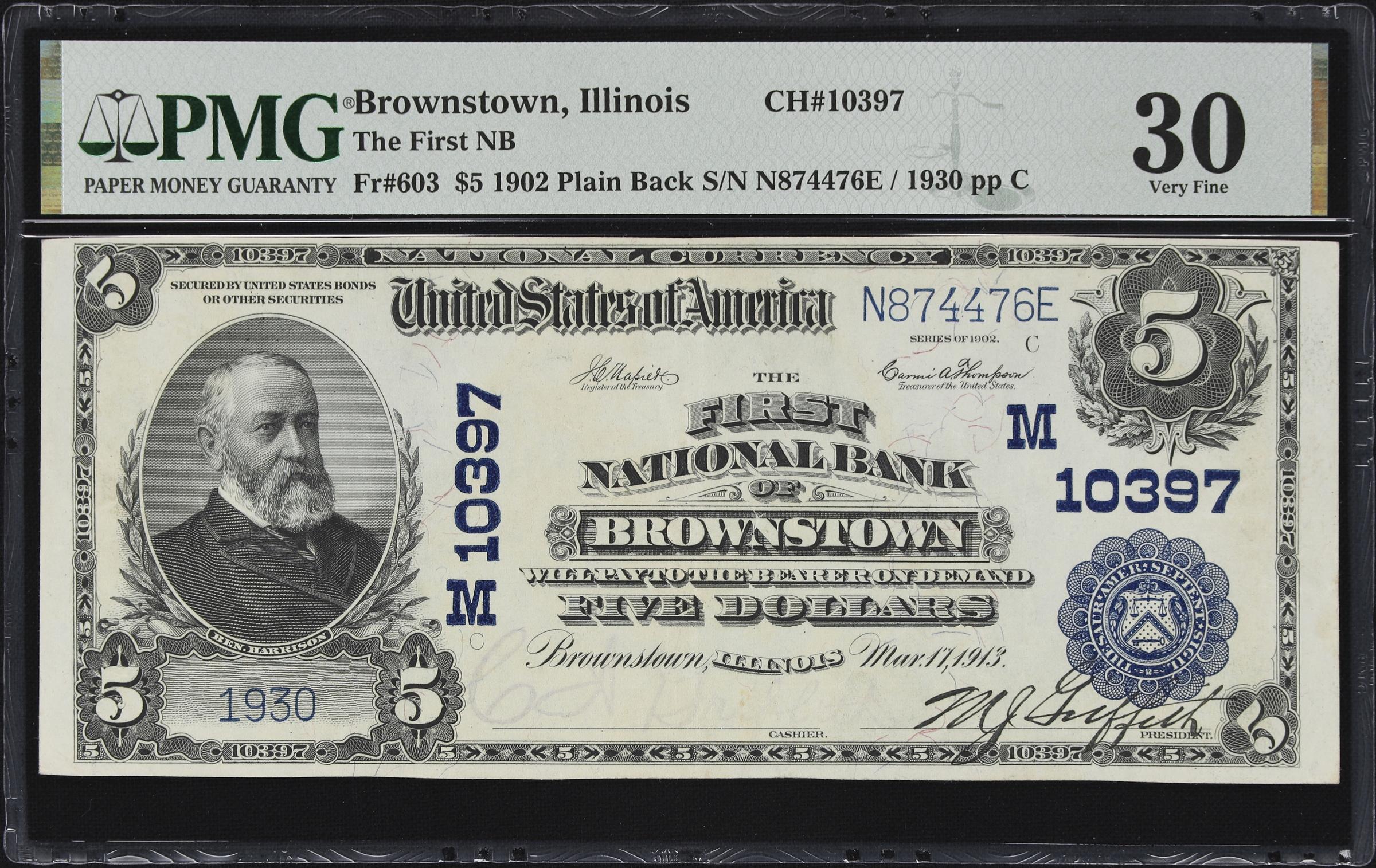 image for: Brownstown, Illinois. $5 1902 Plain Back. Fr. 603. First NB. Charter #10397. PMG Very Fine 30.