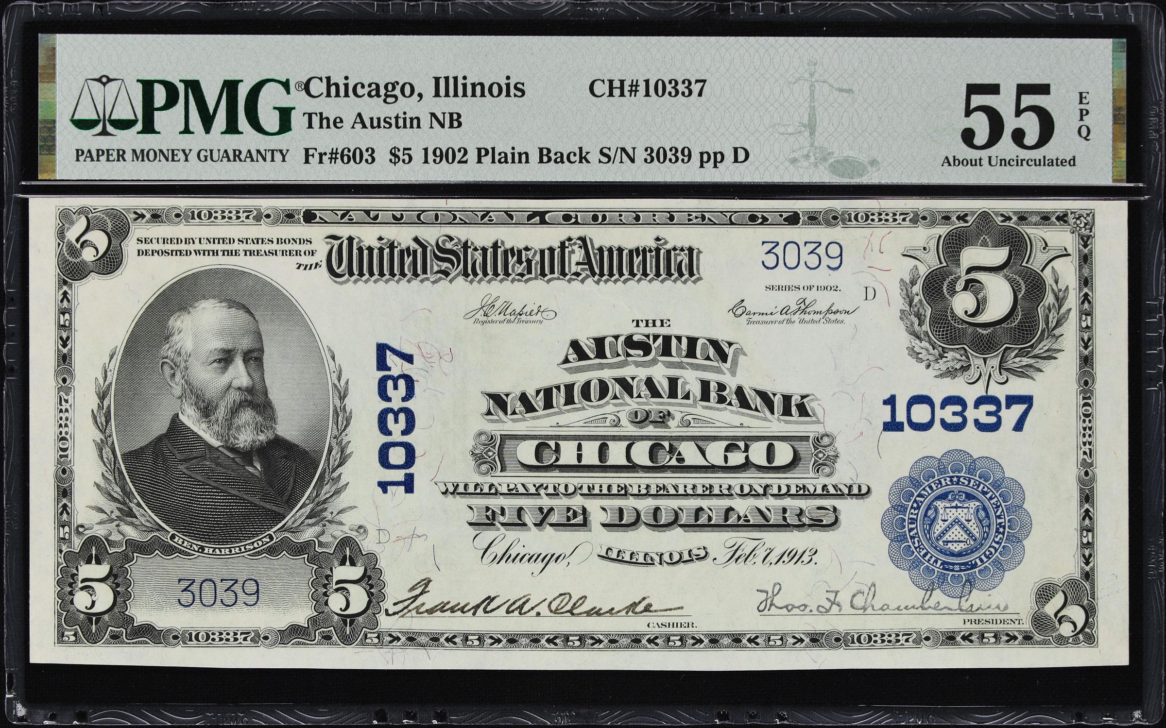 image for: Chicago, Illinois. $5 1902 Plain Back. Fr. 603. Austin NB. Charter #10337. PMG About Uncirculated 55 EPQ.