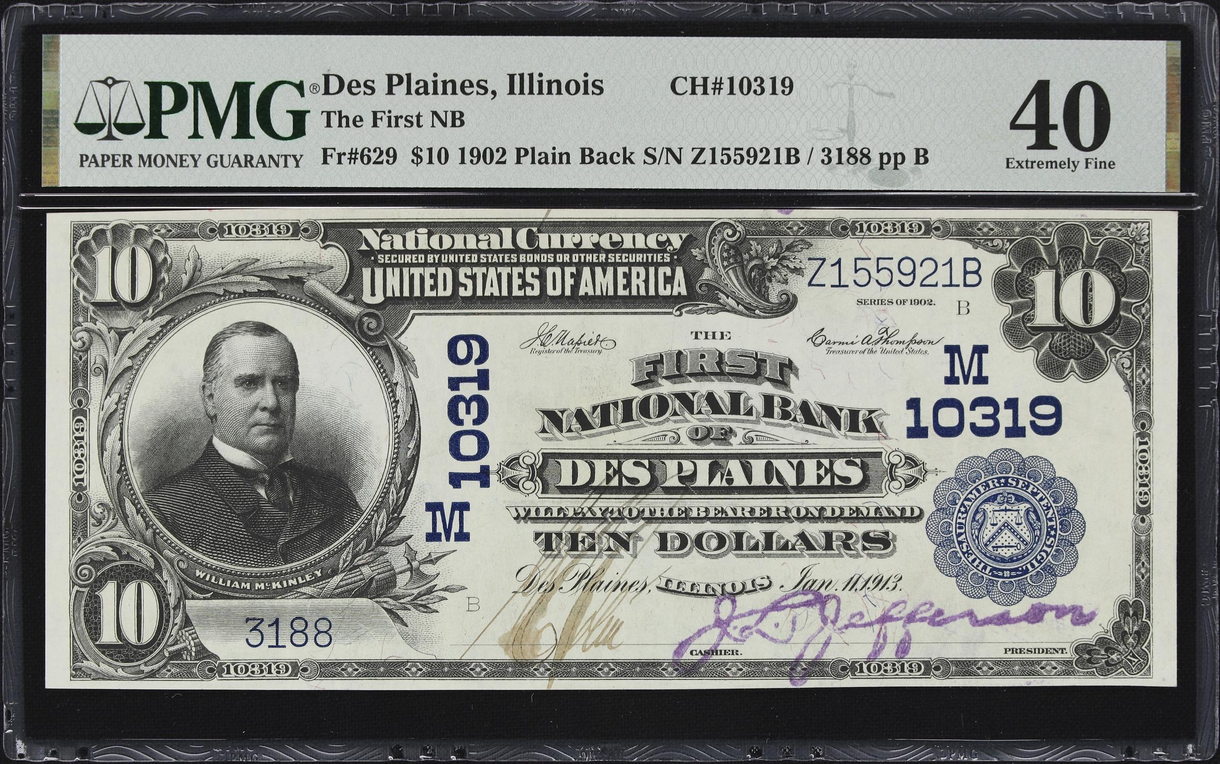 image for: Des Plaines, Illinois. $10 1902 Plain Back. Fr. 629. First NB. Charter #10319. PMG Extremely Fine 40.