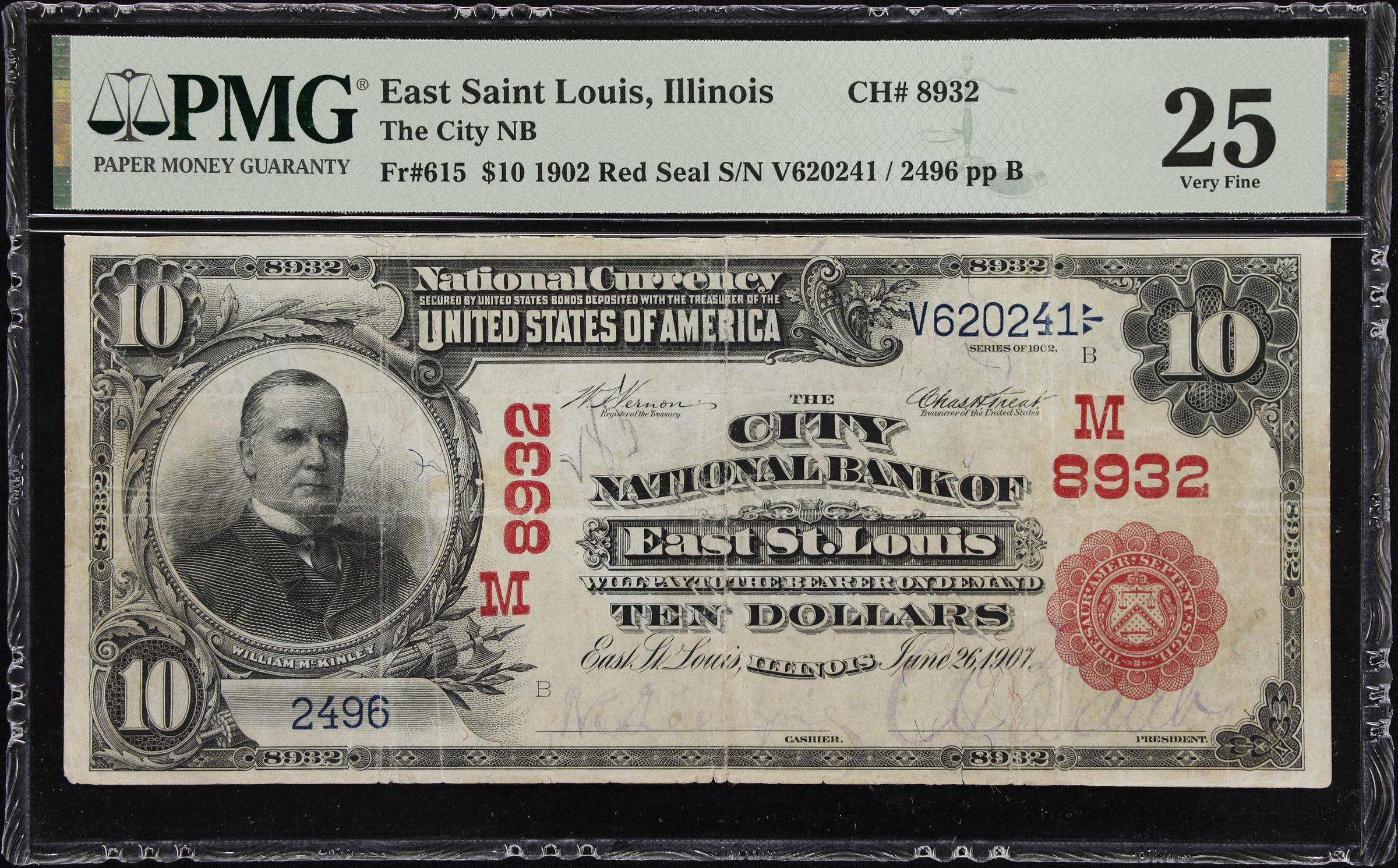 image for: East Saint Louis, Illinois. $10 1902 Red Seal. Fr. 615. City NB. Charter #8932. PMG Very Fine 25.