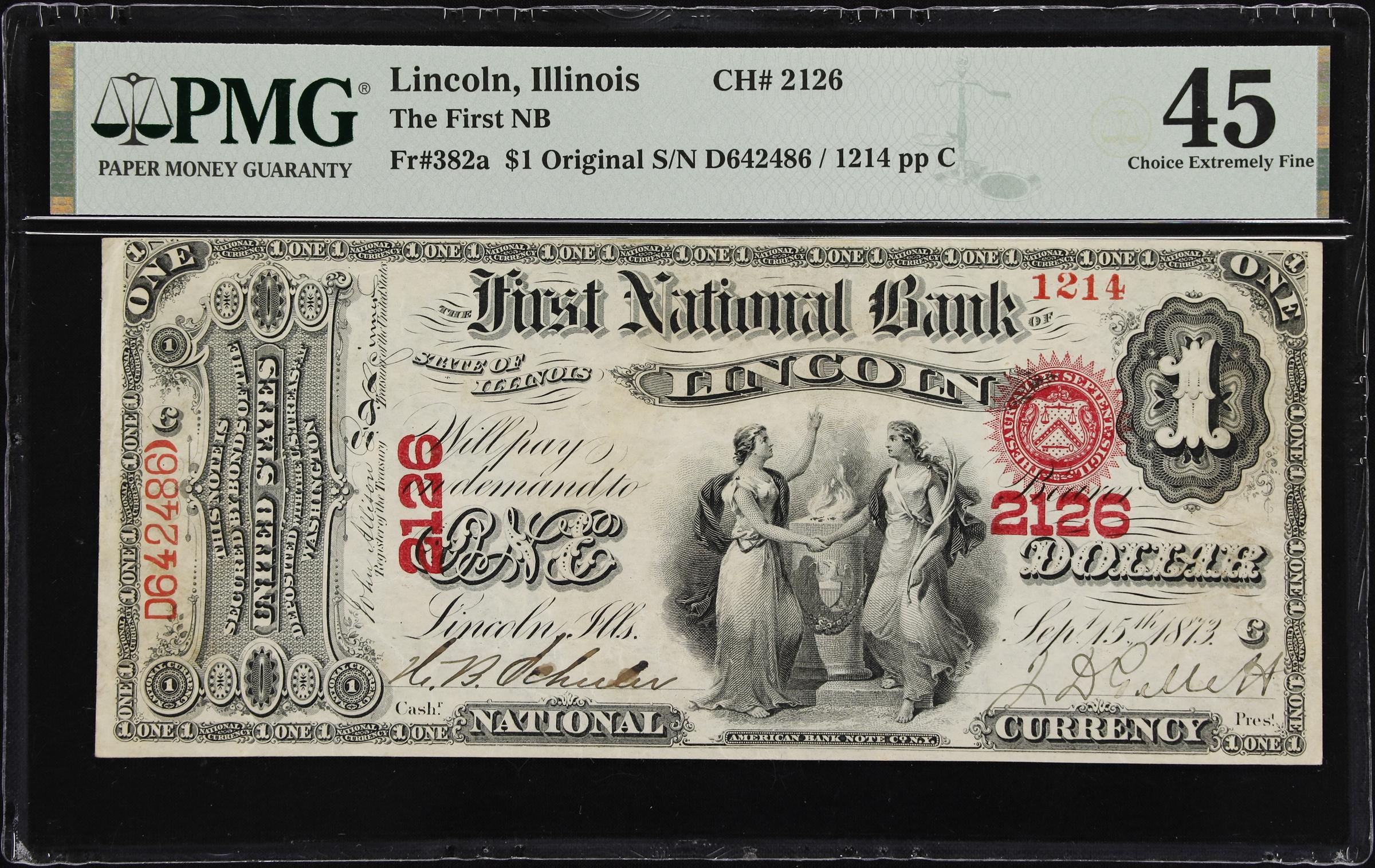 image for: Lincoln, Illinois. $1 Original. Fr. 382a. First NB. Charter #2126. PMG Choice Extremely Fine 45.