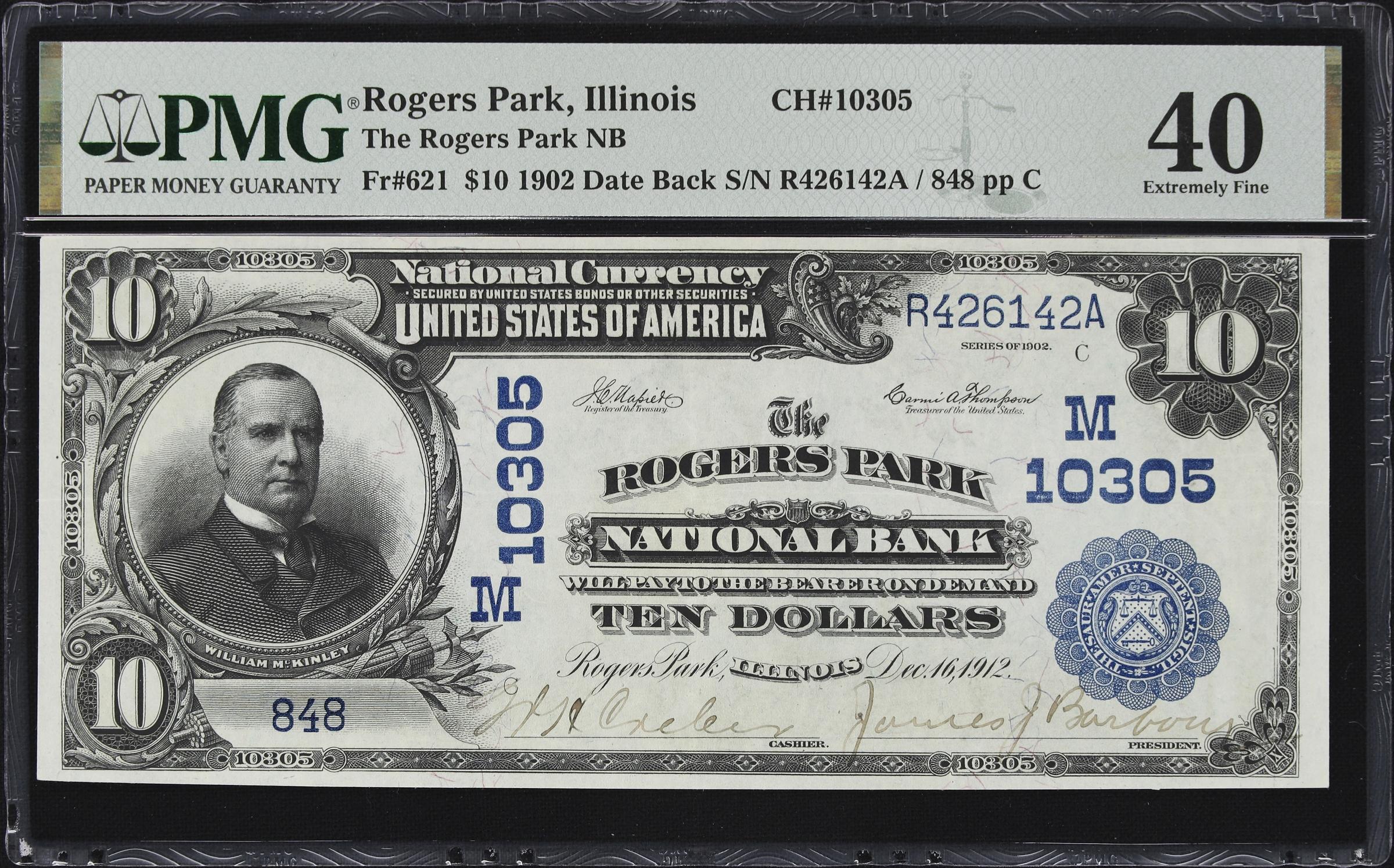 image for: Rogers Park, Illinois. $10 1902 Date Back. Fr. 621. Rogers Park NB. Charter #10305. PMG Extremely Fine 40.