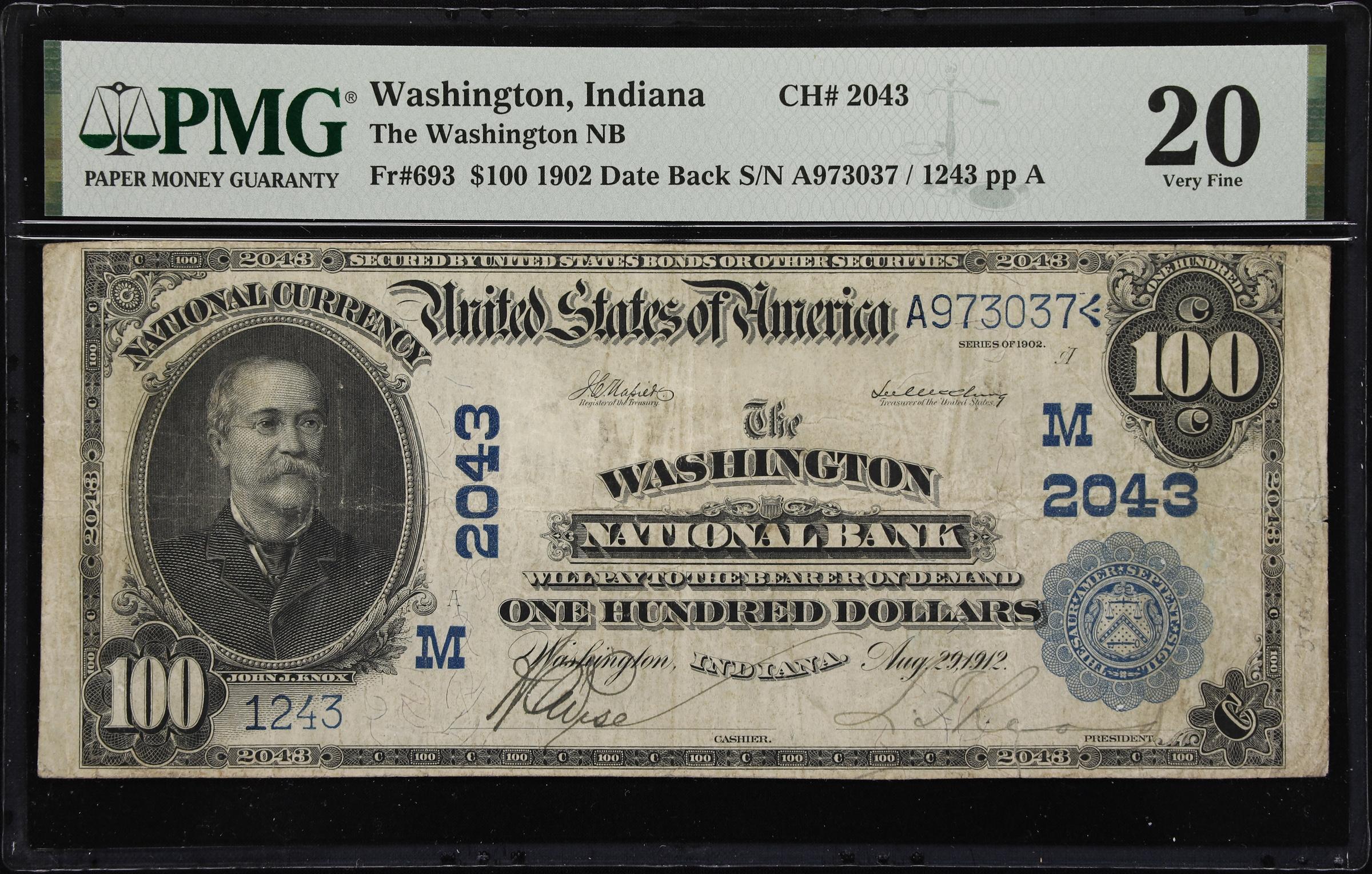 image for: Washington, Indiana. $100 1902 Date Back. Fr. 693. Washington NB. Charter #2043. PMG Very Fine 20.