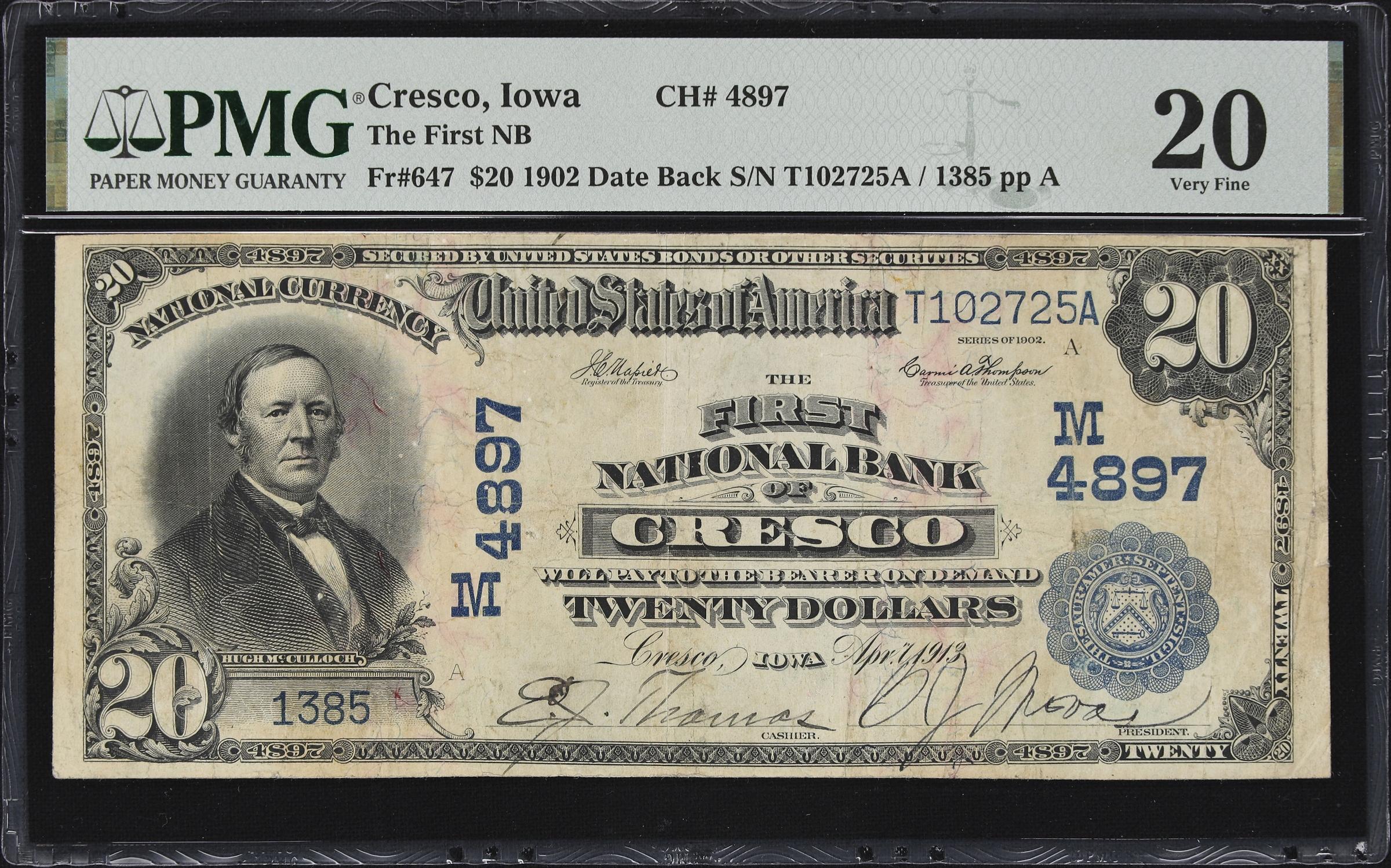image for: Cresco, Iowa. $20 1902 Date Back. Fr. 647. First NB. Charter #4897. PMG Very Fine 20.