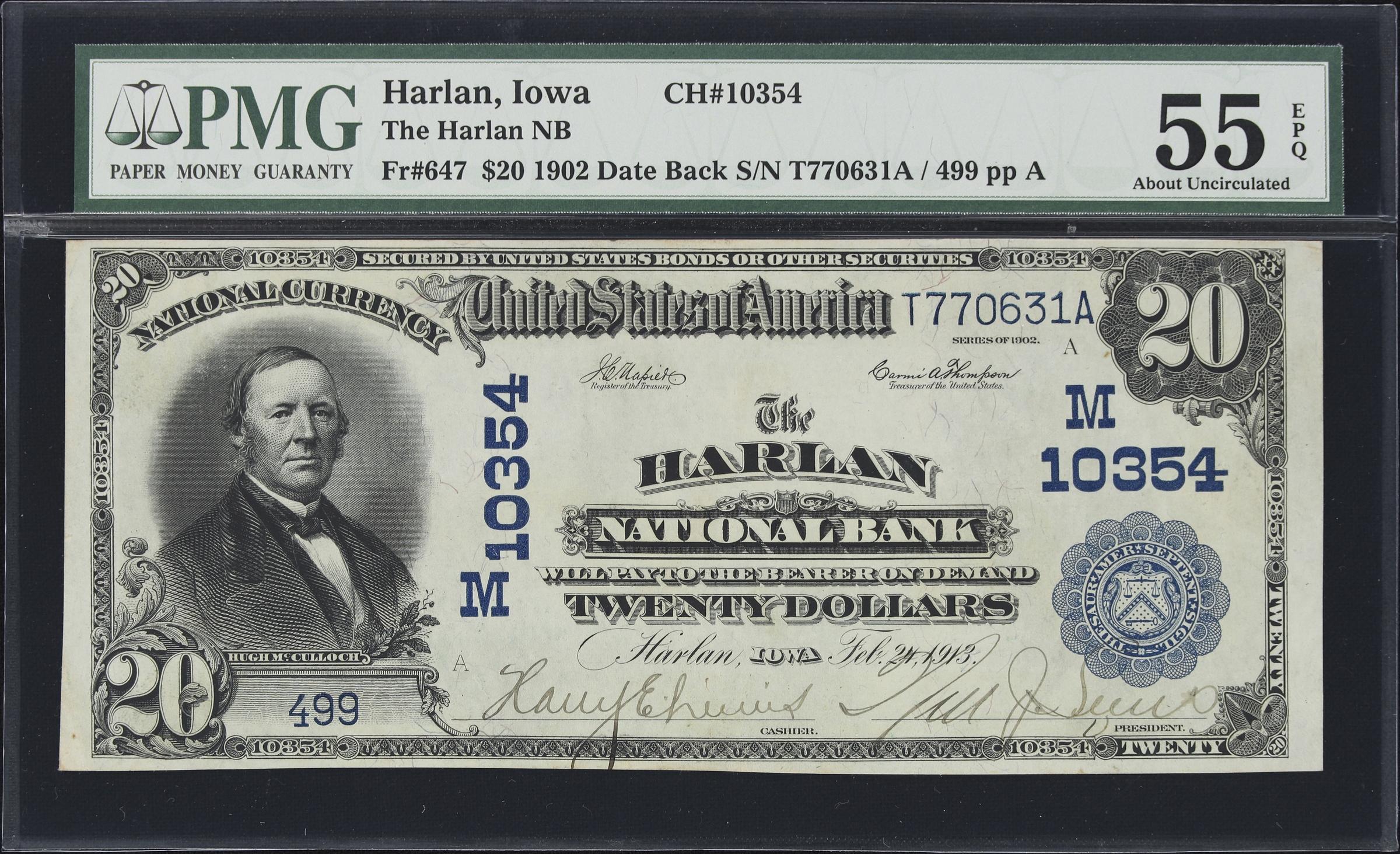 image for: Harlan, Iowa. $20 1902 Date Back. Fr. 647. Harlan NB. Charter #10354. PMG About Uncirculated 55 EPQ.