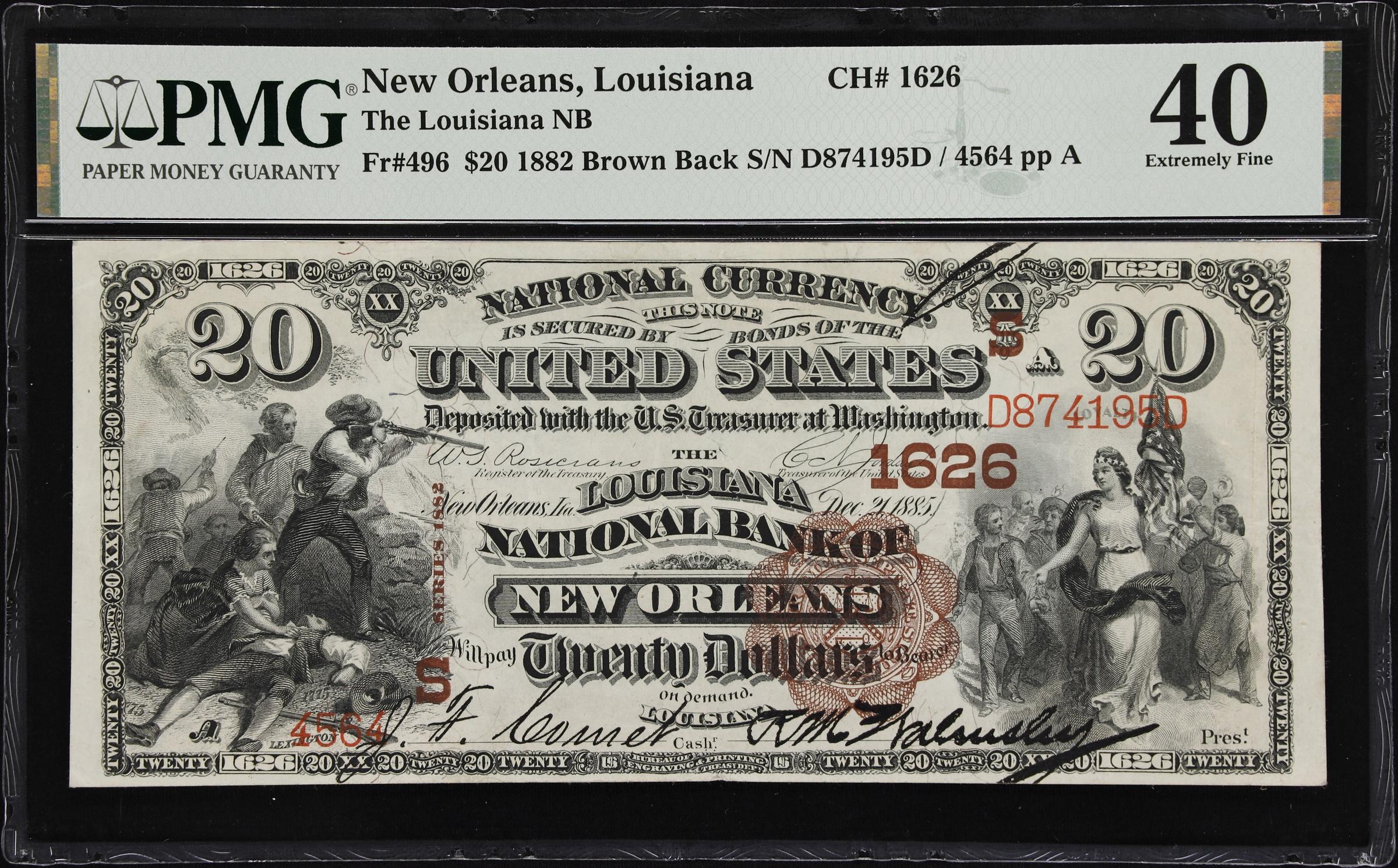image for: New Orleans, Louisiana. $20 1882 Brown Back. Fr. 496. Louisiana NB. Charter #1626. PMG Extremely Fine 40.