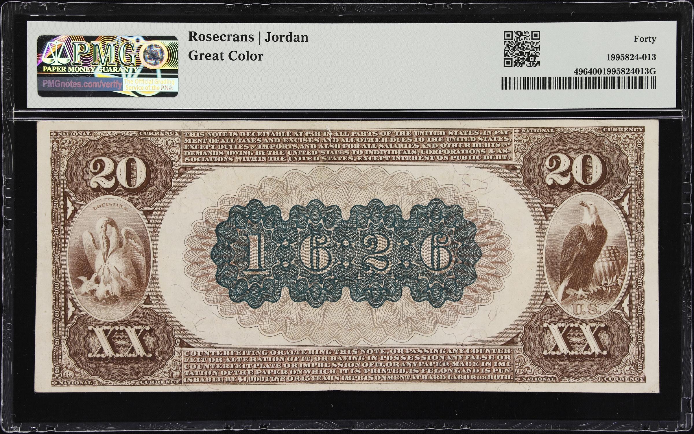 image for: New Orleans, Louisiana. $20 1882 Brown Back. Fr. 496. Louisiana NB. Charter #1626. PMG Extremely Fine 40.