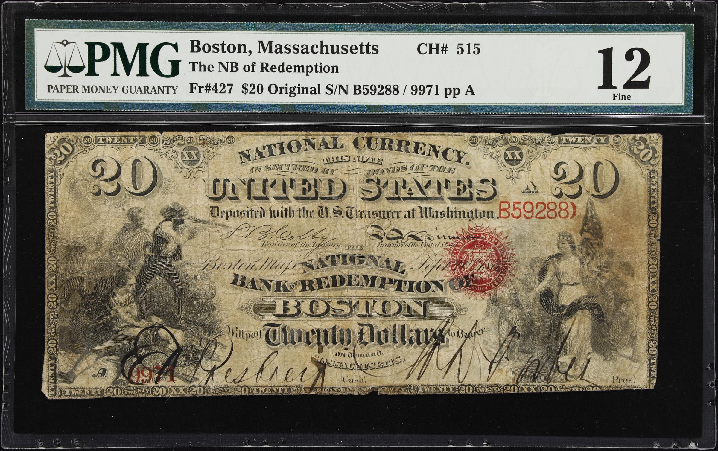 image for: Boston, Massachusetts. $20 Original. Fr. 427. NB of Redemption. Charter #515. PMG Fine 12.