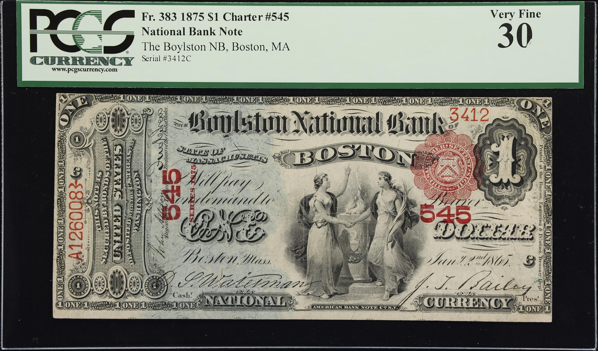 image for: Boston, Massachusetts. $1 1875. Fr. 383. Boylston NB. Charter #545. PCGS Currency Very Fine 30.