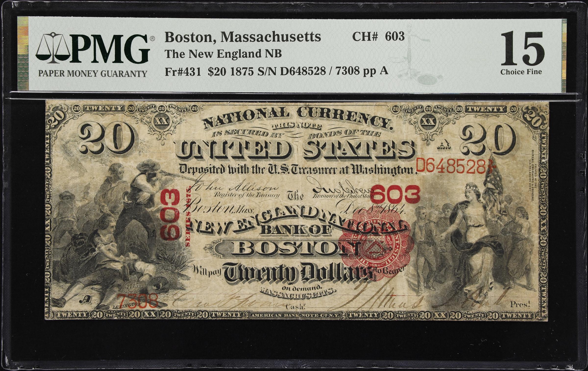 image for: Boston, Massachusetts. $20 1875. Fr. 431. New England NB. Charter #603. PMG Choice Fine 15.