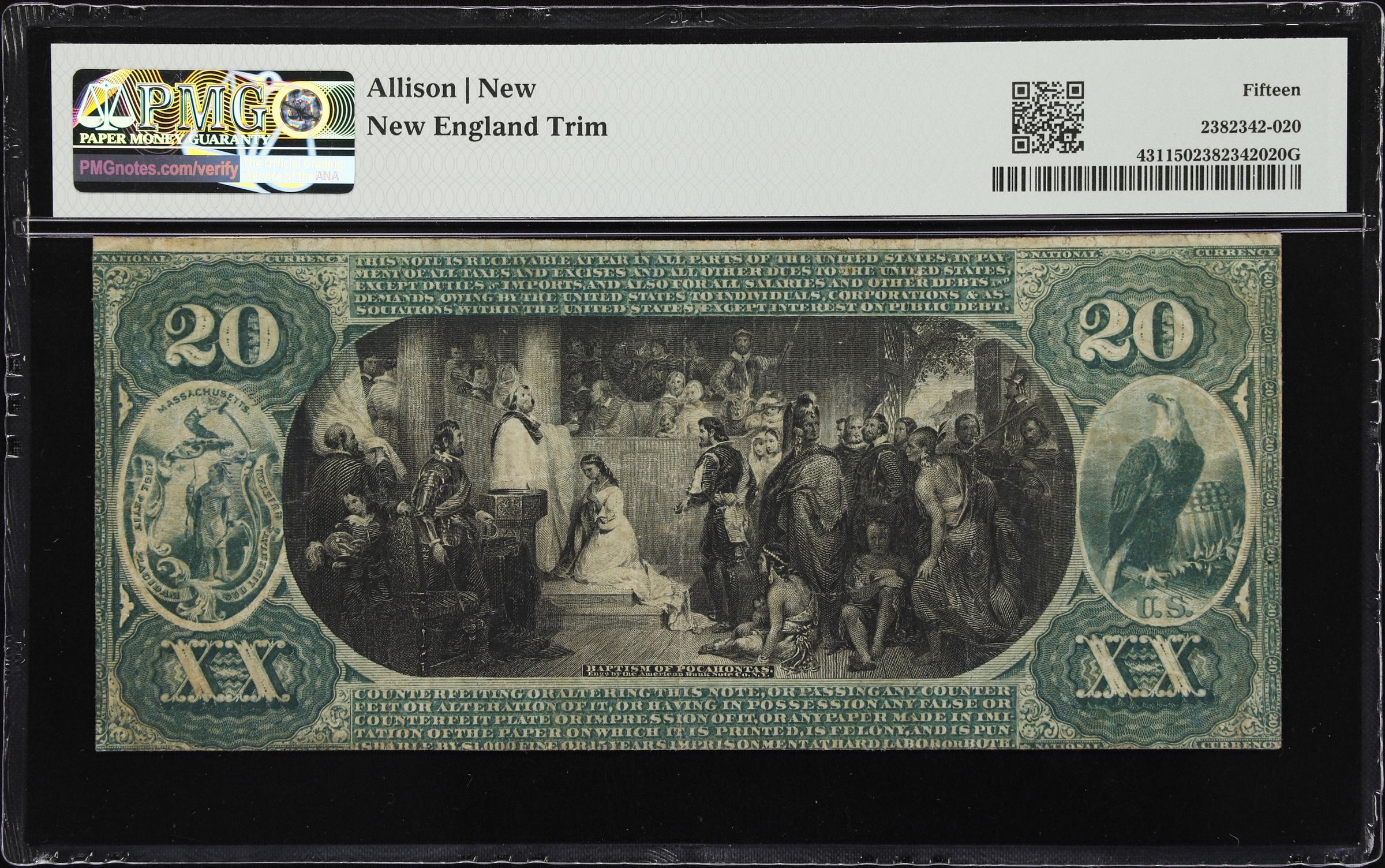 image for: Boston, Massachusetts. $20 1875. Fr. 431. New England NB. Charter #603. PMG Choice Fine 15.