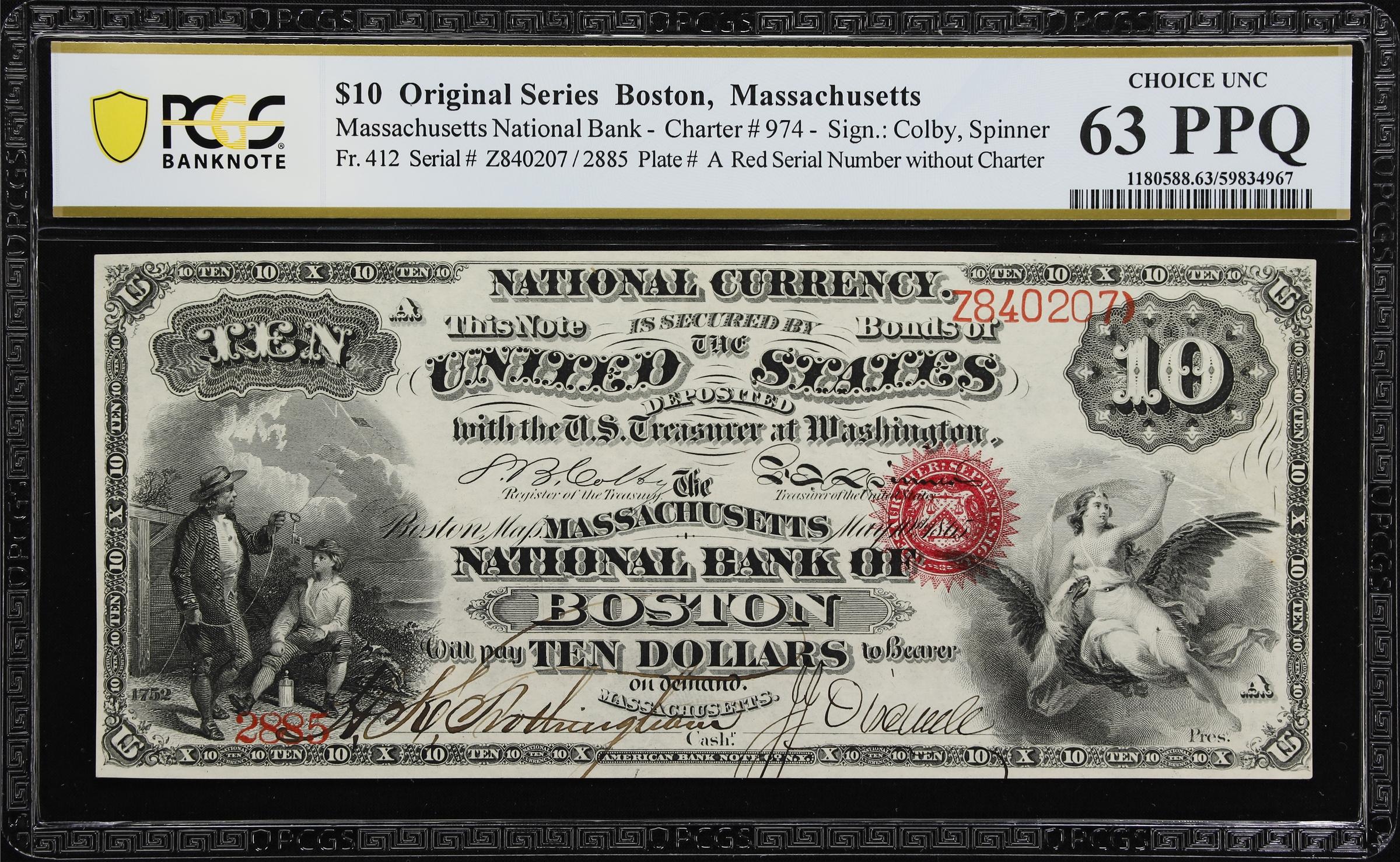 image for: Boston, Massachusetts. $10 Original. Fr. 412. Massachusetts NB. Charter #974. PCGS Banknote Choice Uncirculated 63 PPQ.