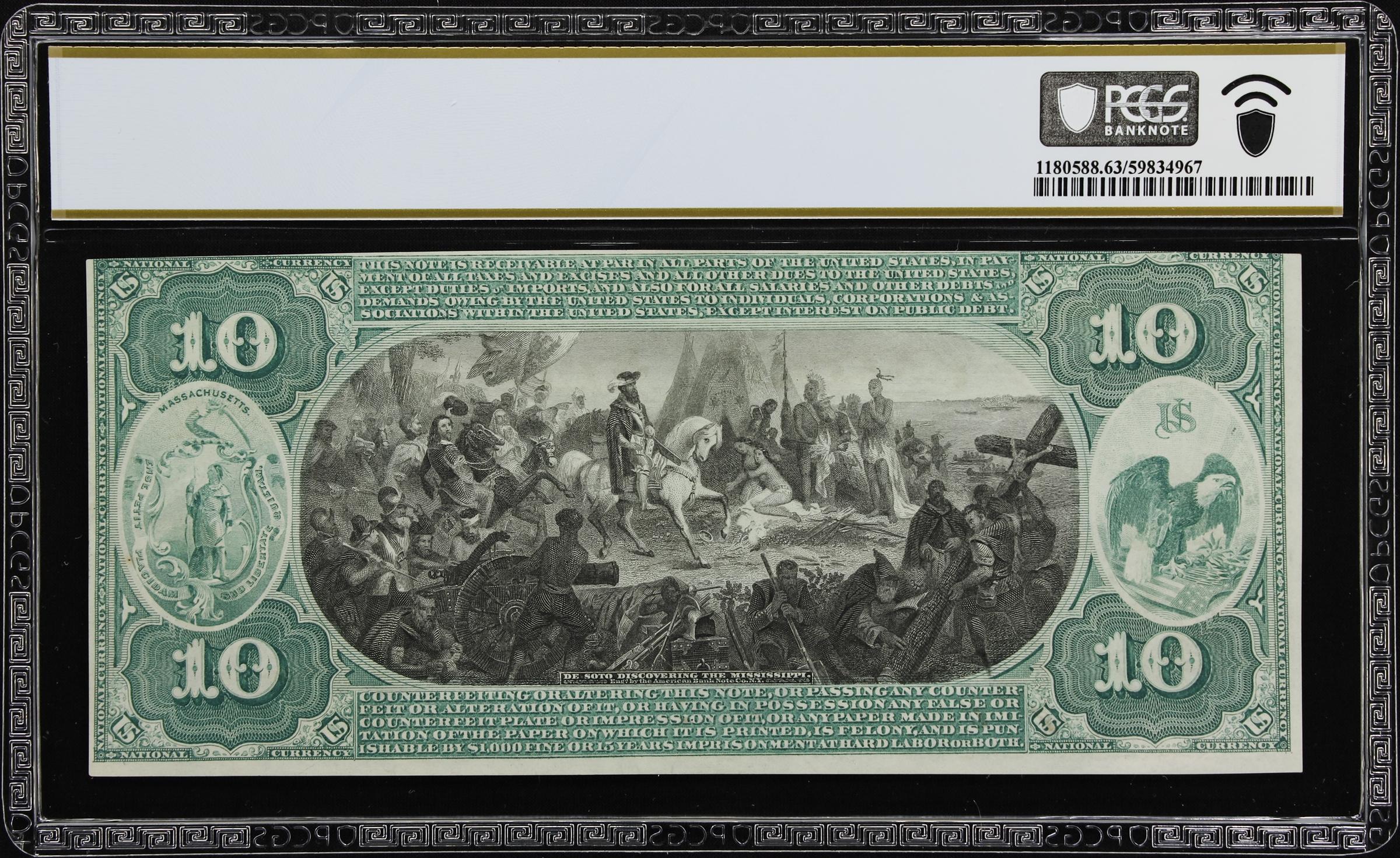 image for: Boston, Massachusetts. $10 Original. Fr. 412. Massachusetts NB. Charter #974. PCGS Banknote Choice Uncirculated 63 PPQ.