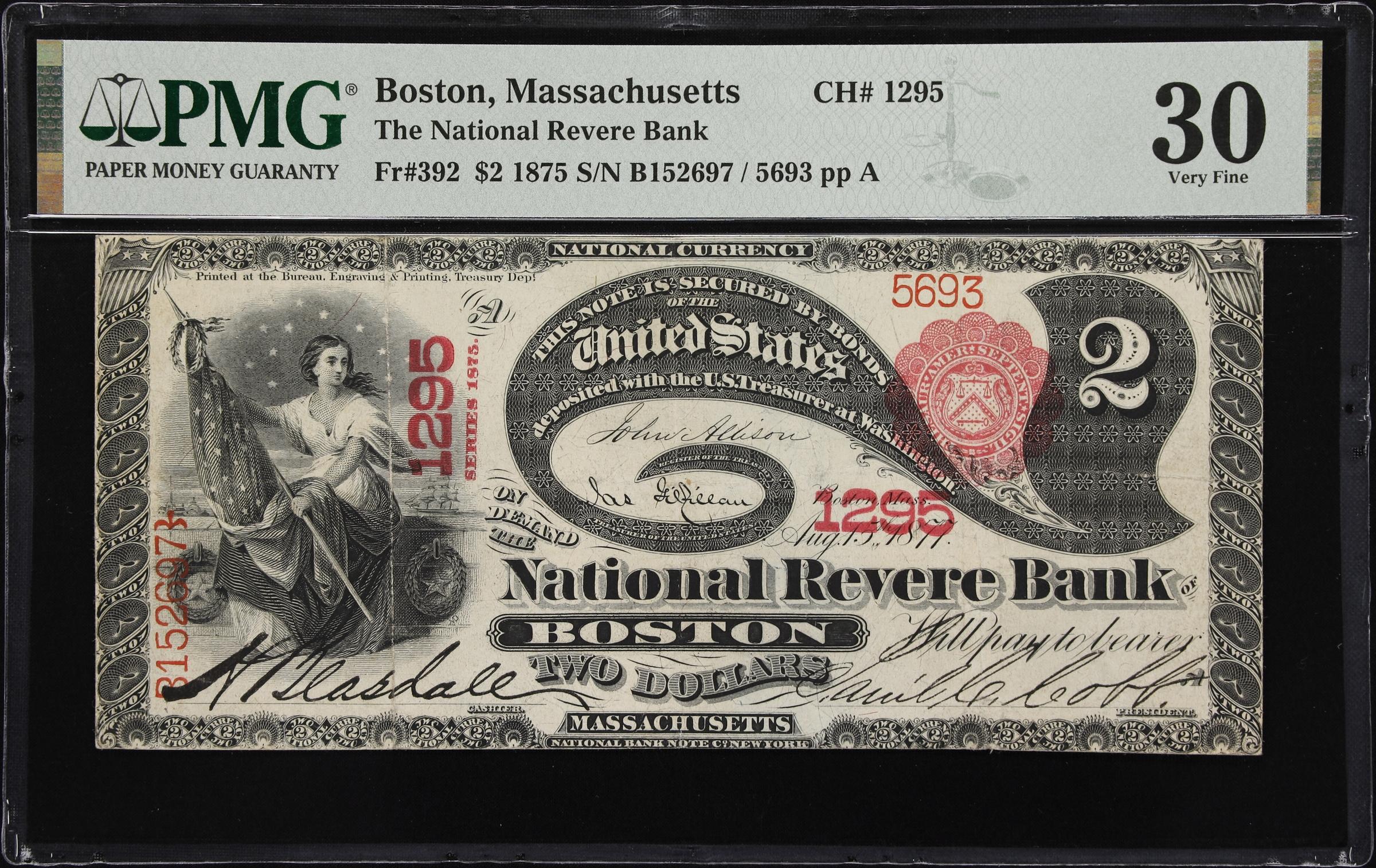 image for: Boston, Massachusetts. $2 1875. Fr. 392. National Revere Bank. Charter #1295. PMG Very Fine 30.