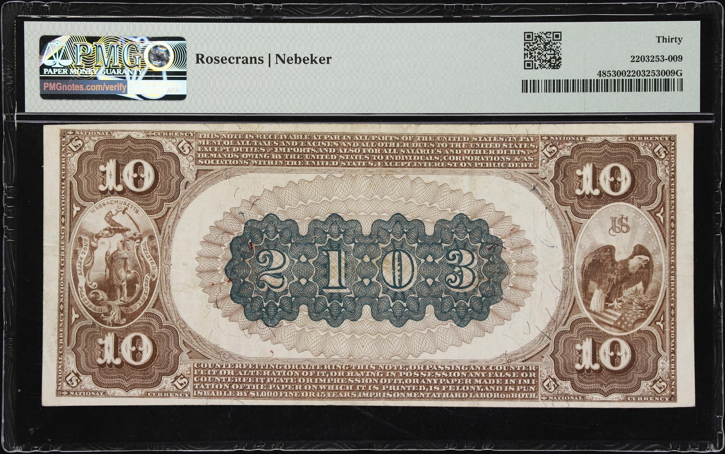 image for: Boston, Massachusetts. $10 1882 Brown Back. Fr. 485. Central NB. Charter #2103. PMG Very Fine 30.