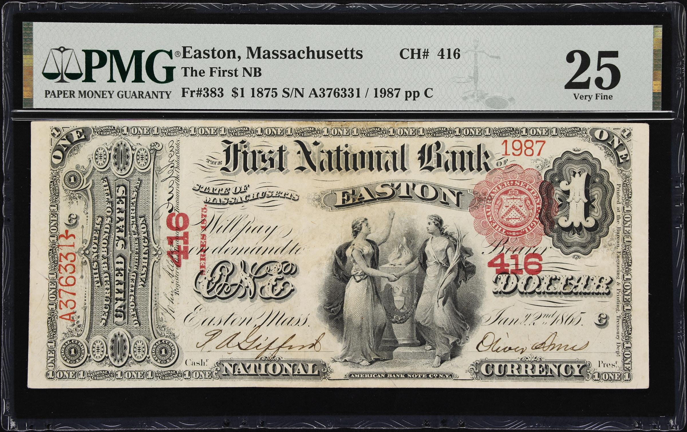 image for: Easton, Massachusetts. $1 1875. Fr. 383. First NB. Charter #416. PMG Very Fine 25.