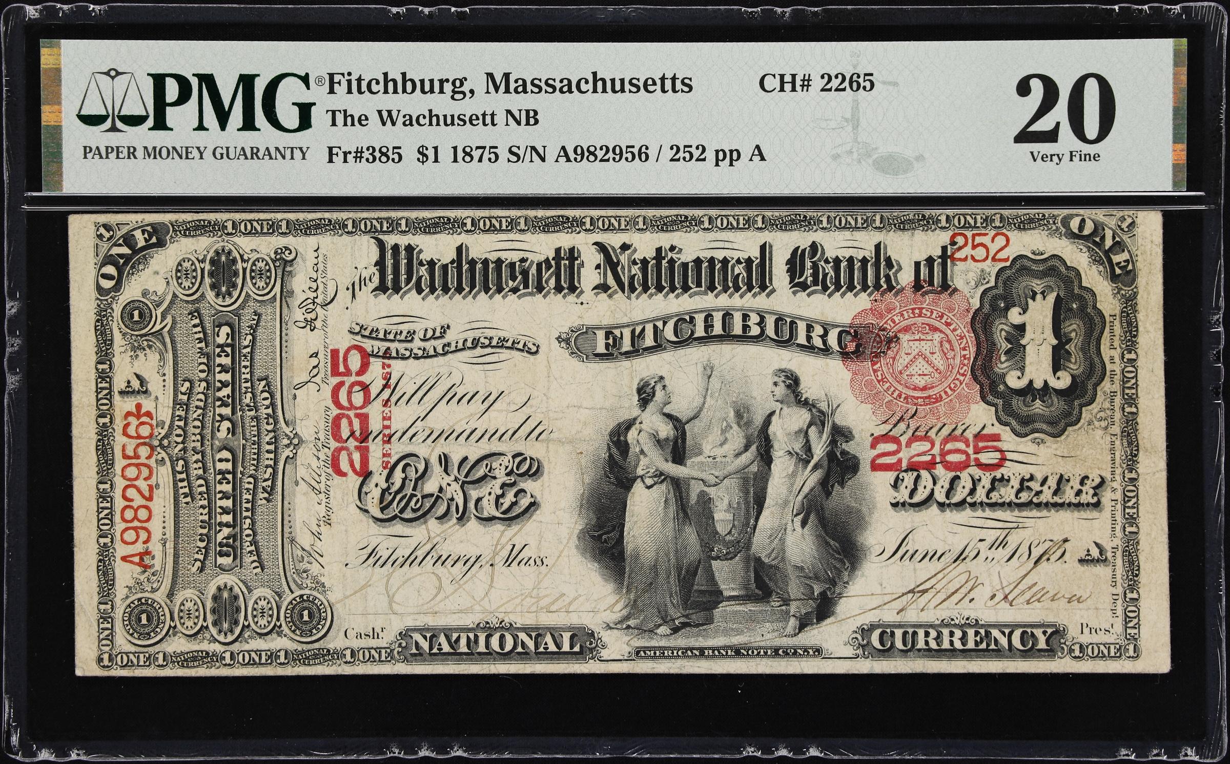 image for: Fitchburg, Massachusetts. $1 1875. Fr. 385. Wachusett NB. Charter #2265. PMG Very Fine 20.