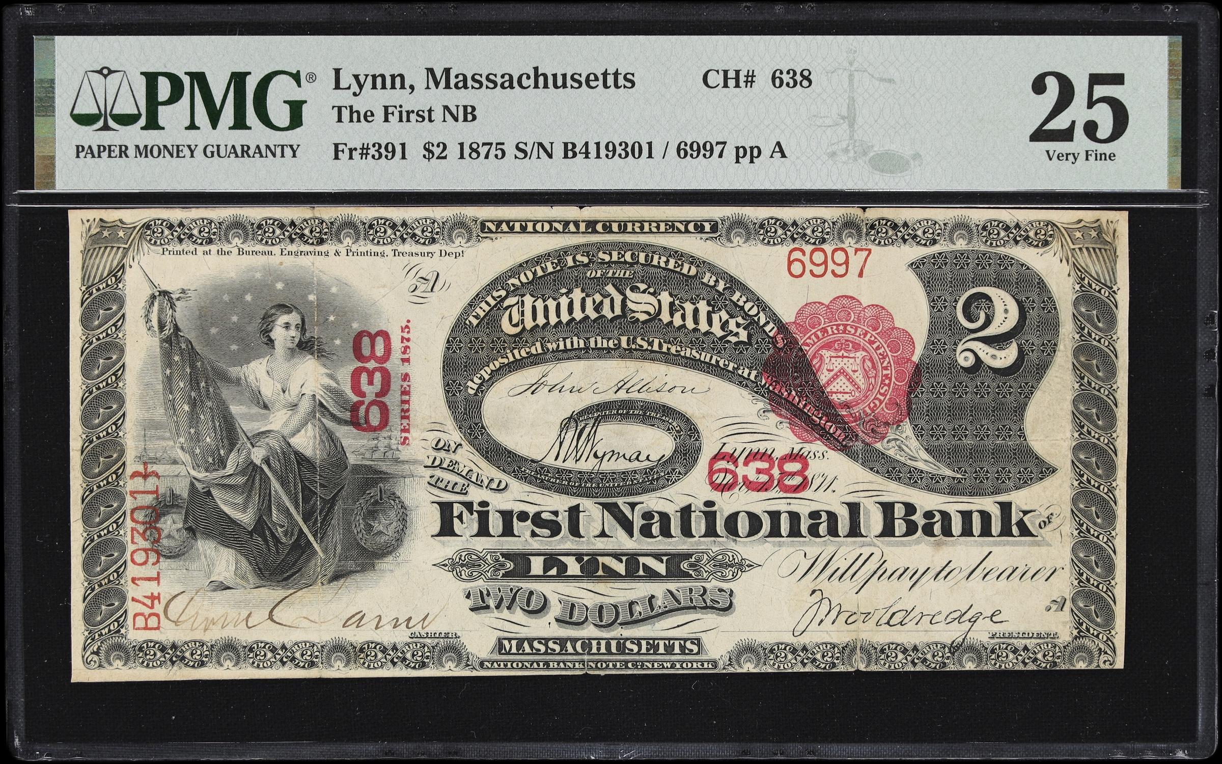 image for: Lynn, Massachusetts. $2 1875. Fr. 391. First NB. Charter #638. PMG Very Fine 25.