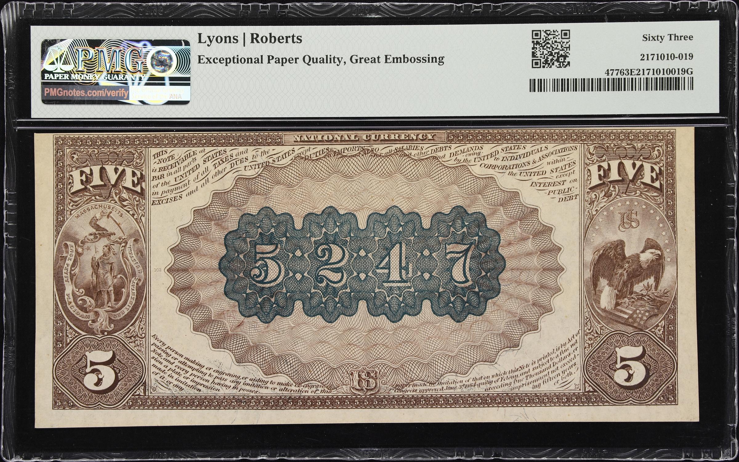 image for: Medford, Massachusetts. $5 1882 Brown Back. Fr. 477. Medford NB. Charter #5247. PMG Choice Uncirculated 63 EPQ.