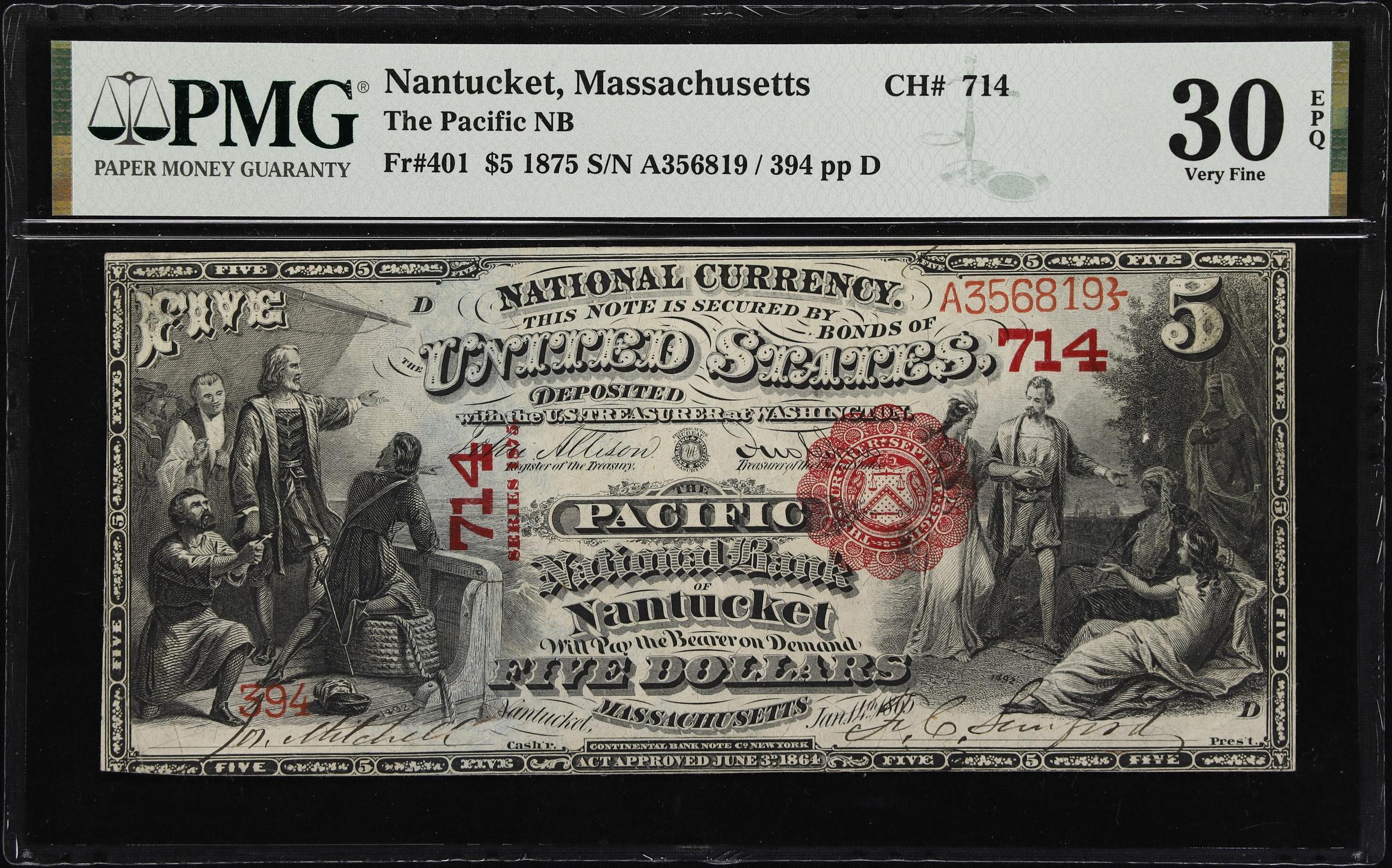 image for: Nantucket, Massachusetts. $5 1875. Fr. 401. Pacific NB. Charter #714. PMG Very Fine 30 EPQ.