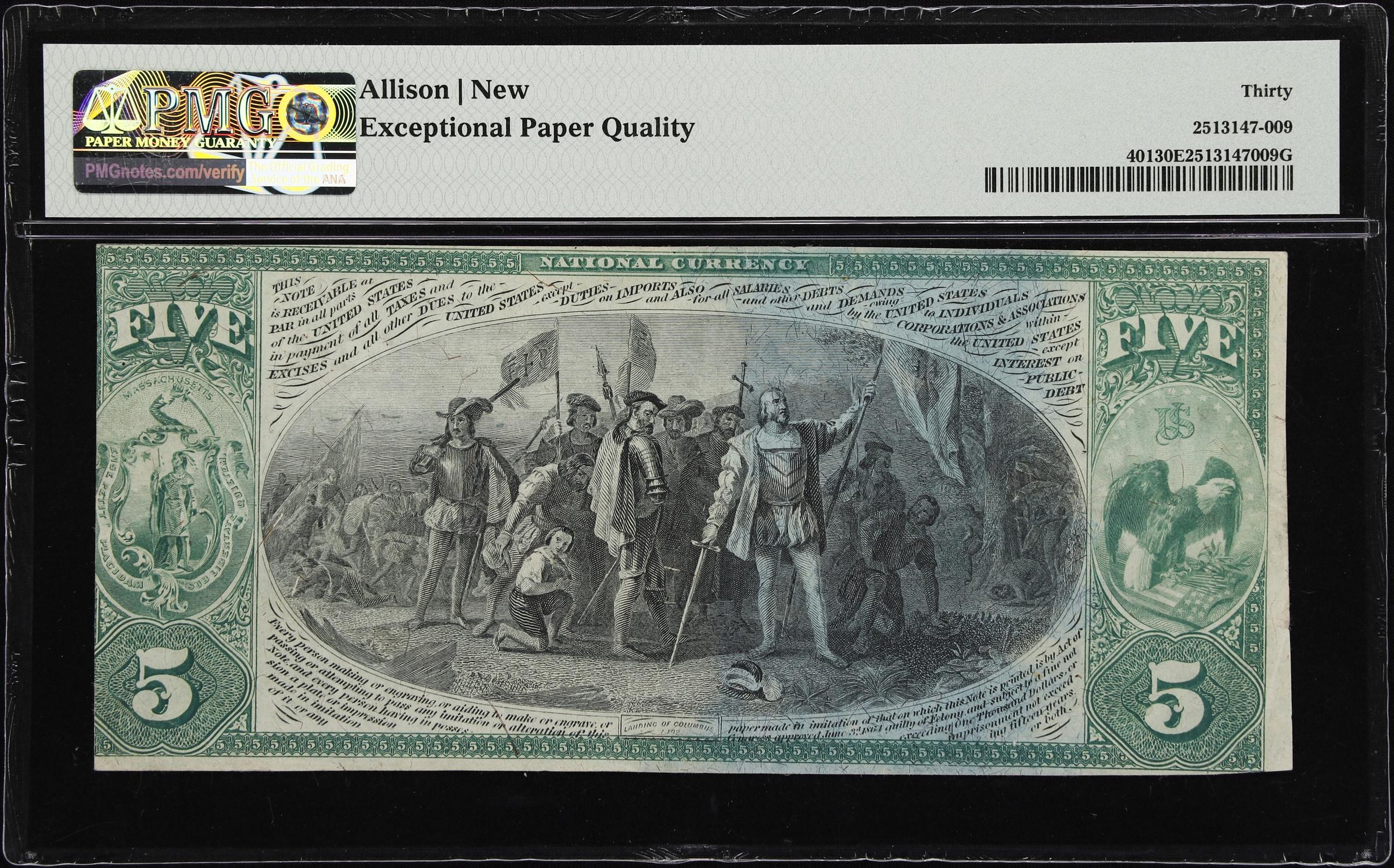 image for: Nantucket, Massachusetts. $5 1875. Fr. 401. Pacific NB. Charter #714. PMG Very Fine 30 EPQ.