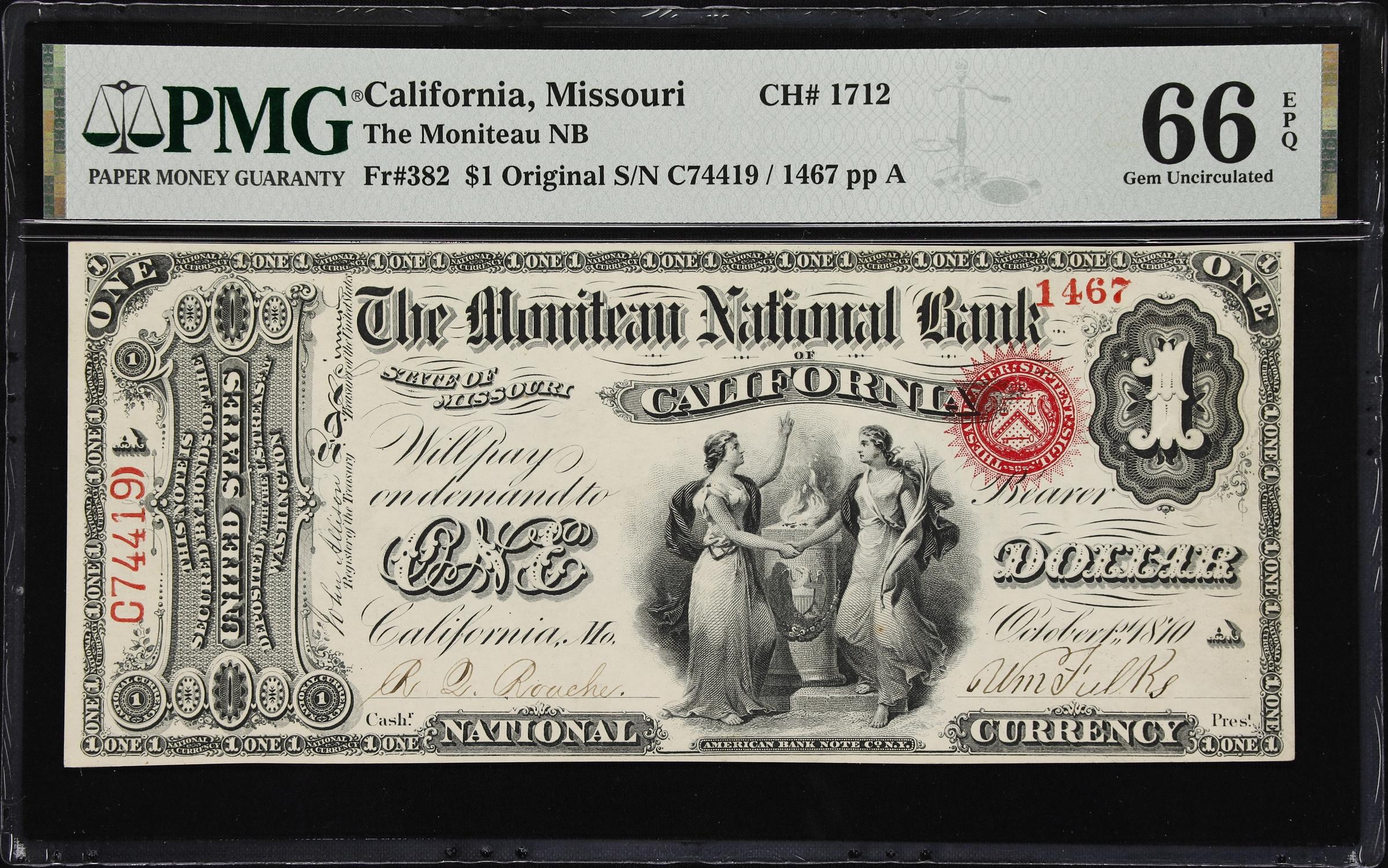 image for: California, Missouri. $1 Original. Fr. 382. Moniteau NB. Charter #1712. PMG Gem Uncirculated 66 EPQ.