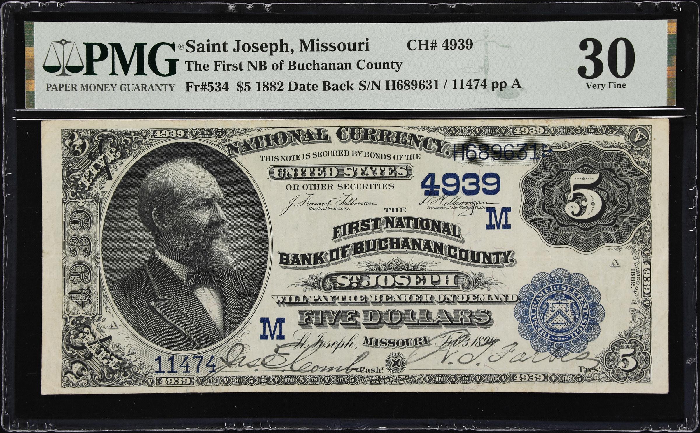 image for: Saint Joseph, Missouri. $5 1882 Date Back. Fr. 534. First NB of Buchanan County. Charter #4939. PMG Very Fine 30.