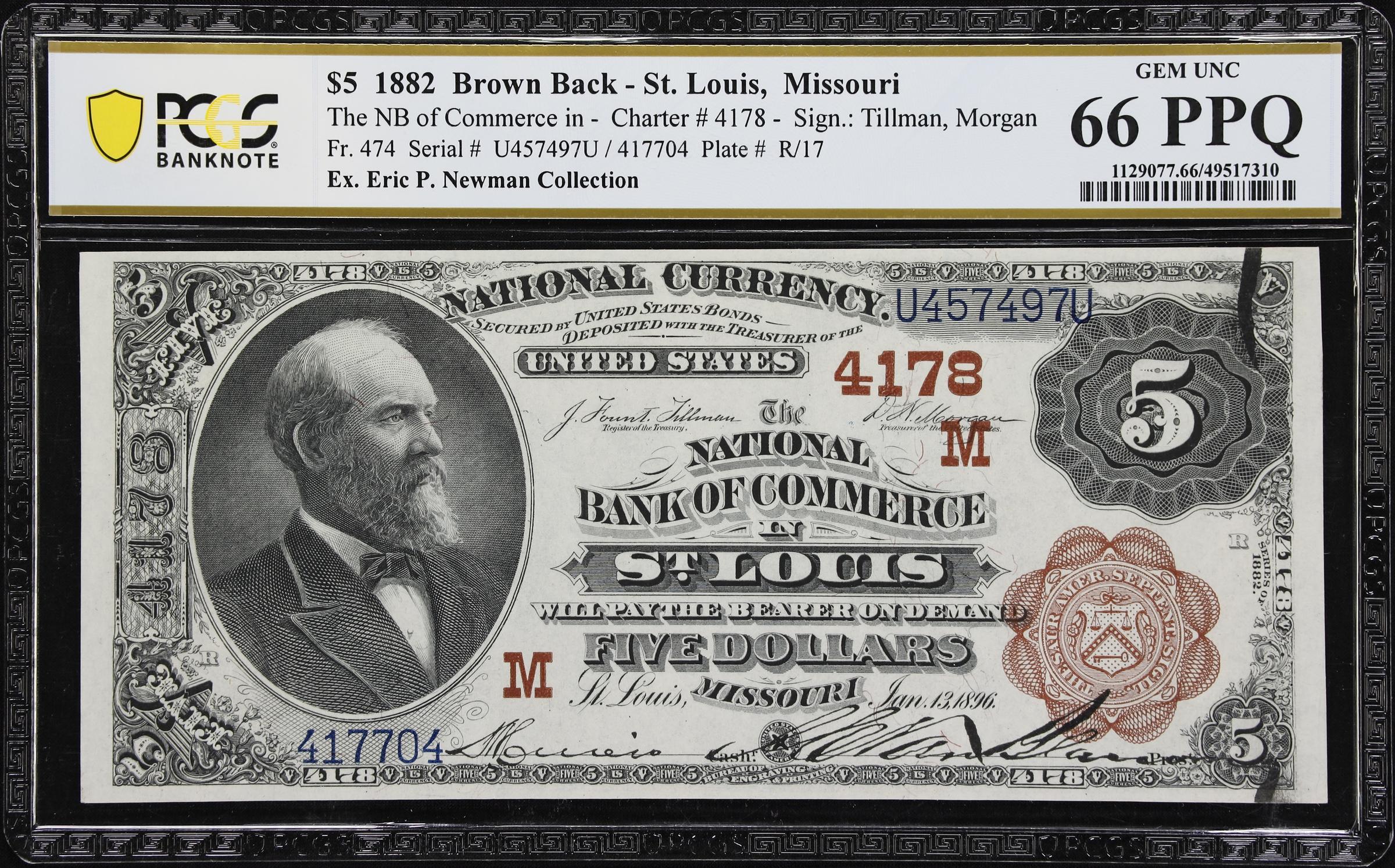 image for: Saint Louis, Missouri. $5 1882 Brown Back. Fr. 474. NB of Commerce. Charter #4178. PCGS Banknote Gem Uncirculated 66 PPQ.