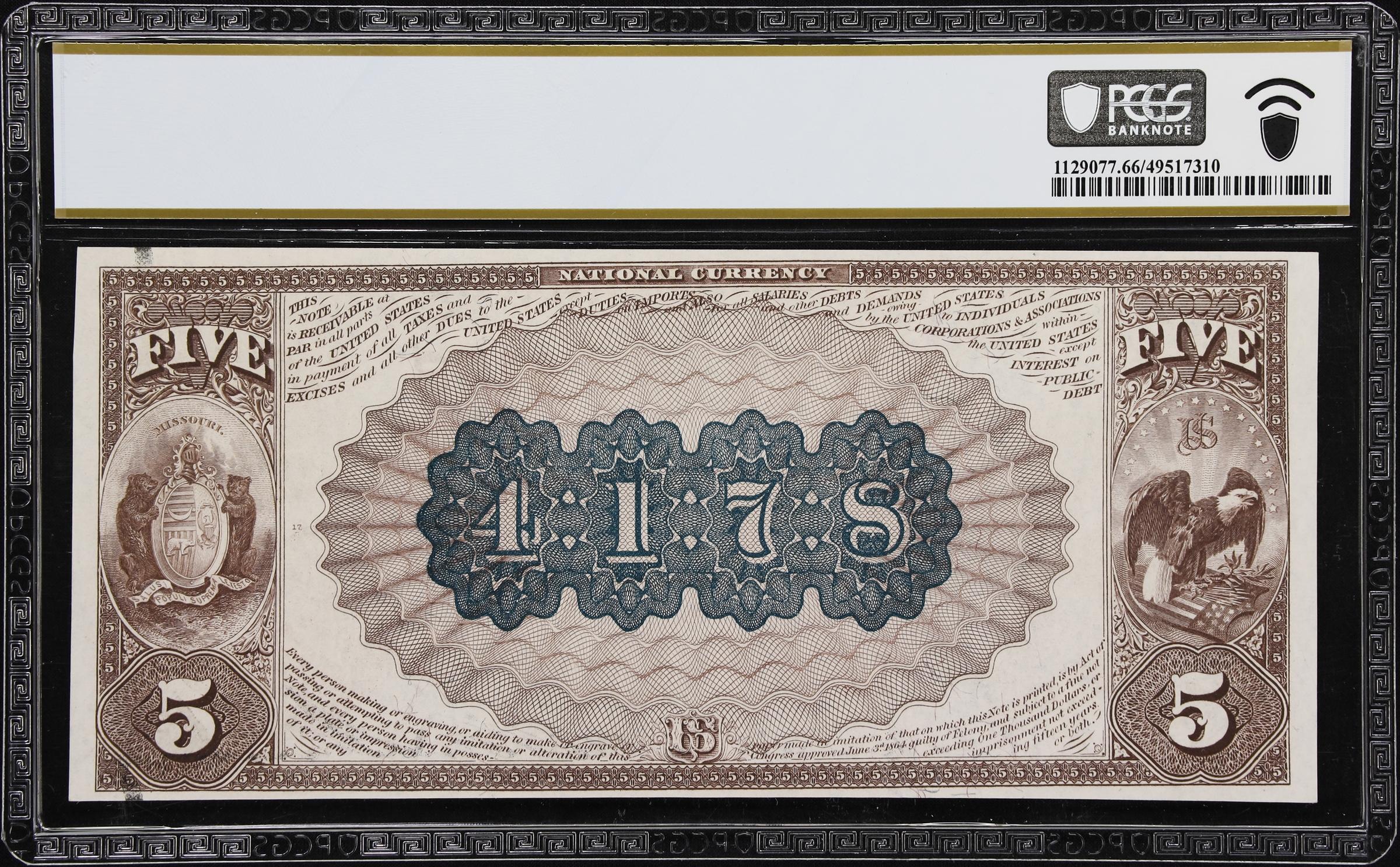 image for: Saint Louis, Missouri. $5 1882 Brown Back. Fr. 474. NB of Commerce. Charter #4178. PCGS Banknote Gem Uncirculated 66 PPQ.