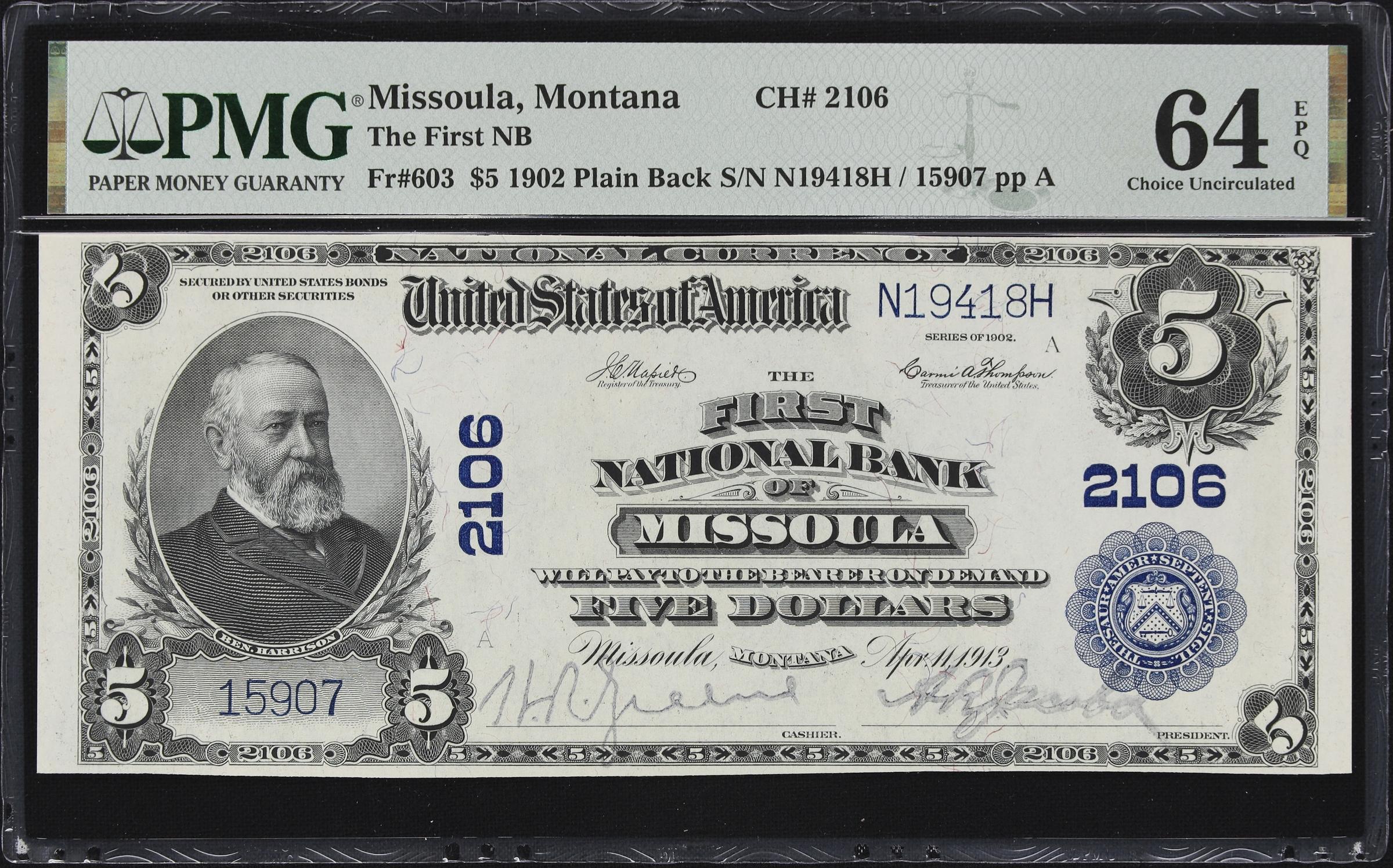 image for: Missoula, Montana. $5 1902 Plain Back. Fr. 603. Missoula NB. Charter #2106. PMG Choice Uncirculated 64 EPQ.