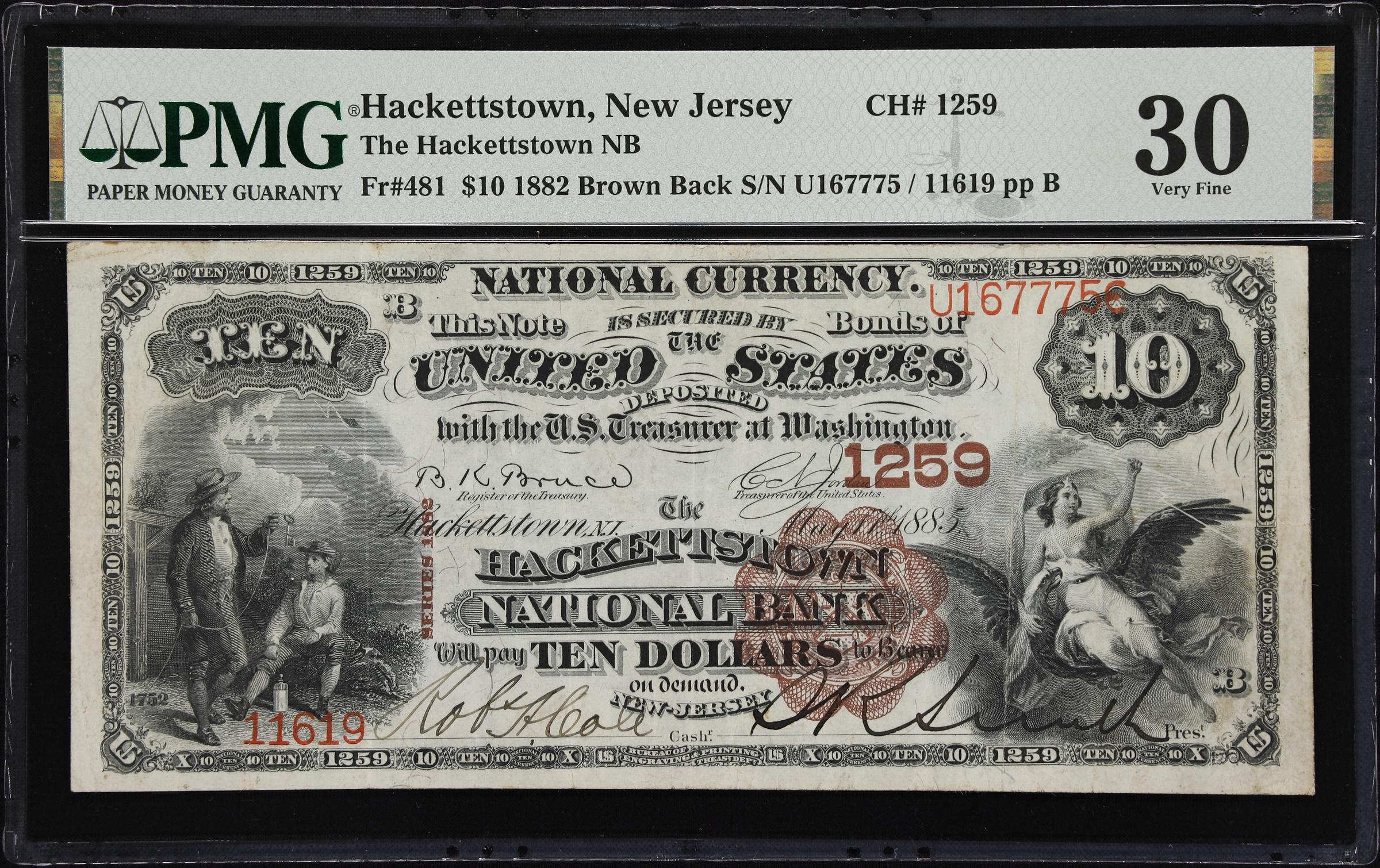 image for: Hackettstown, New Jersey. $10 1882 Brown Back. Fr. 481. Hackettstown NB. Charter #1259. PMG Very Fine 30.