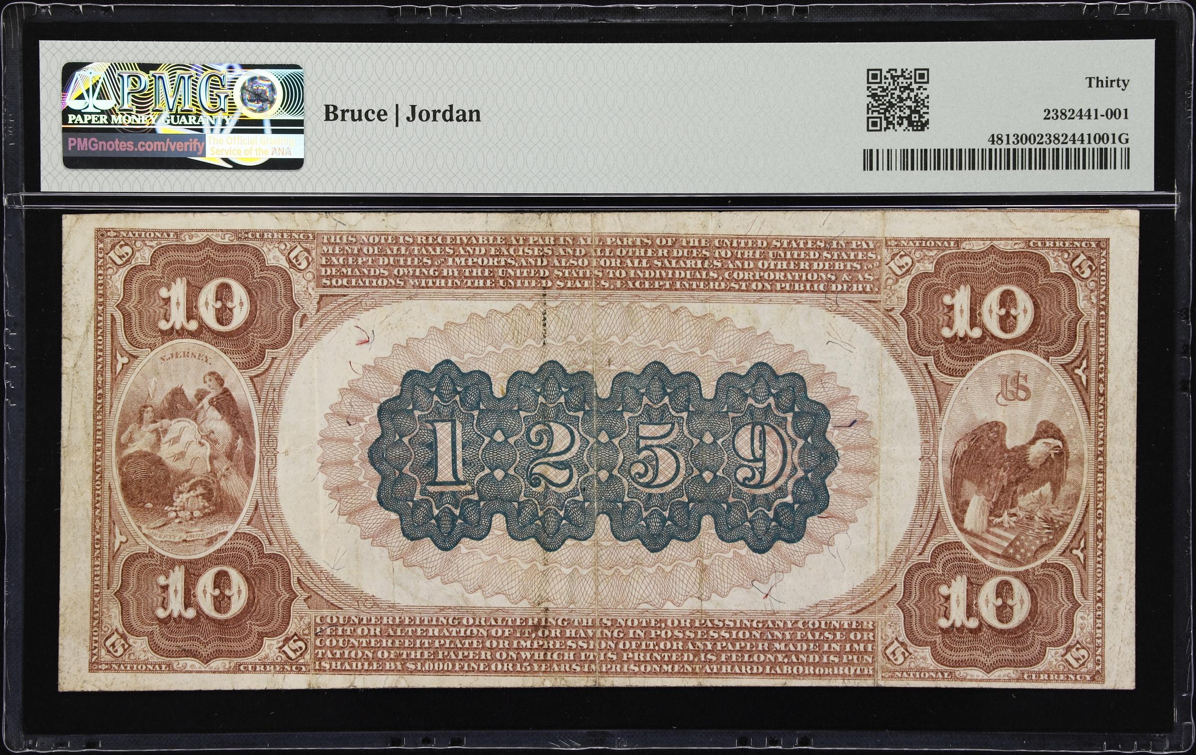 image for: Hackettstown, New Jersey. $10 1882 Brown Back. Fr. 481. Hackettstown NB. Charter #1259. PMG Very Fine 30.