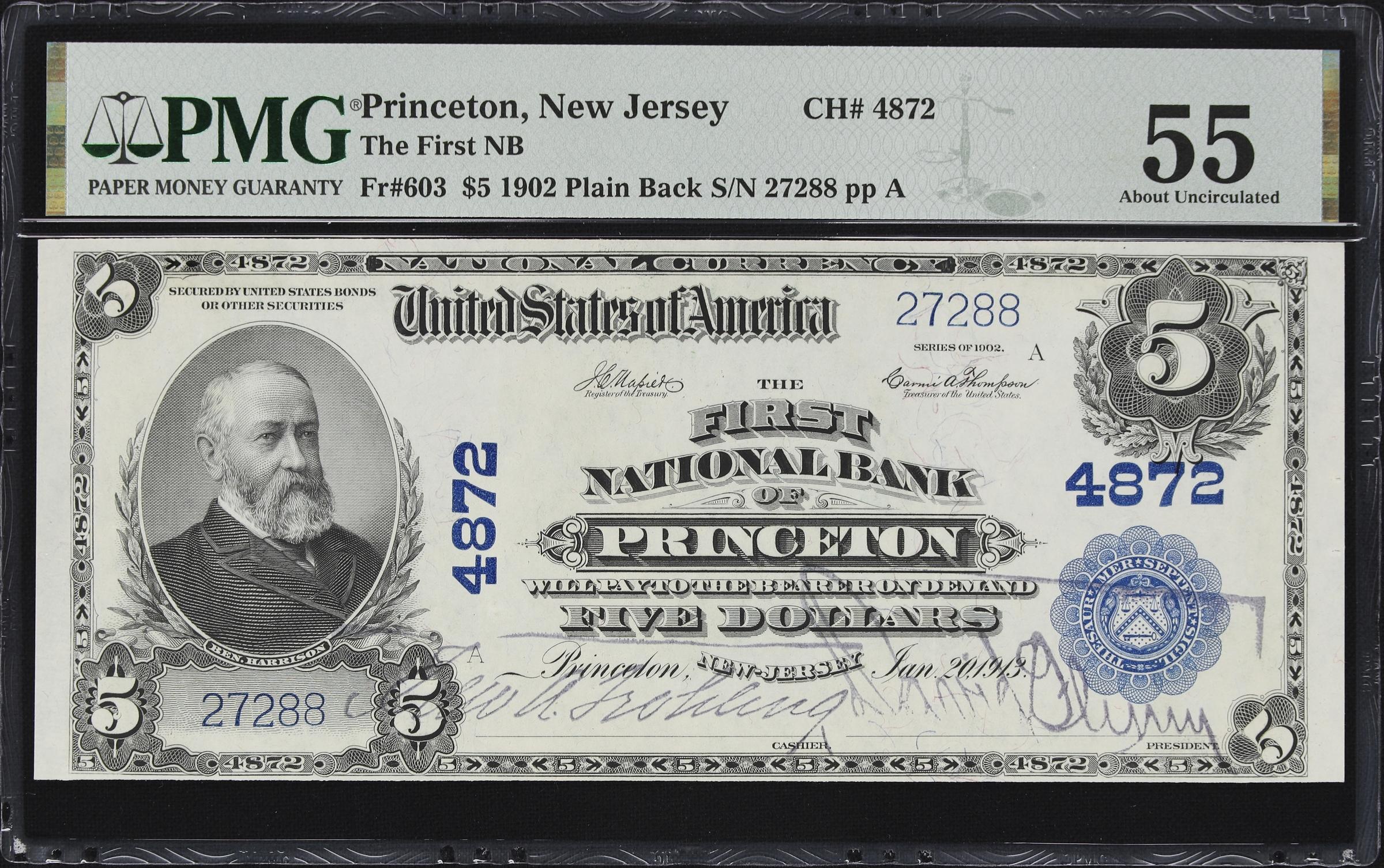 image for: Princeton, New Jersey. $5 1902 Plain Back. Fr. 603. First NB. Charter #4872. PMG About Uncirculated 55.