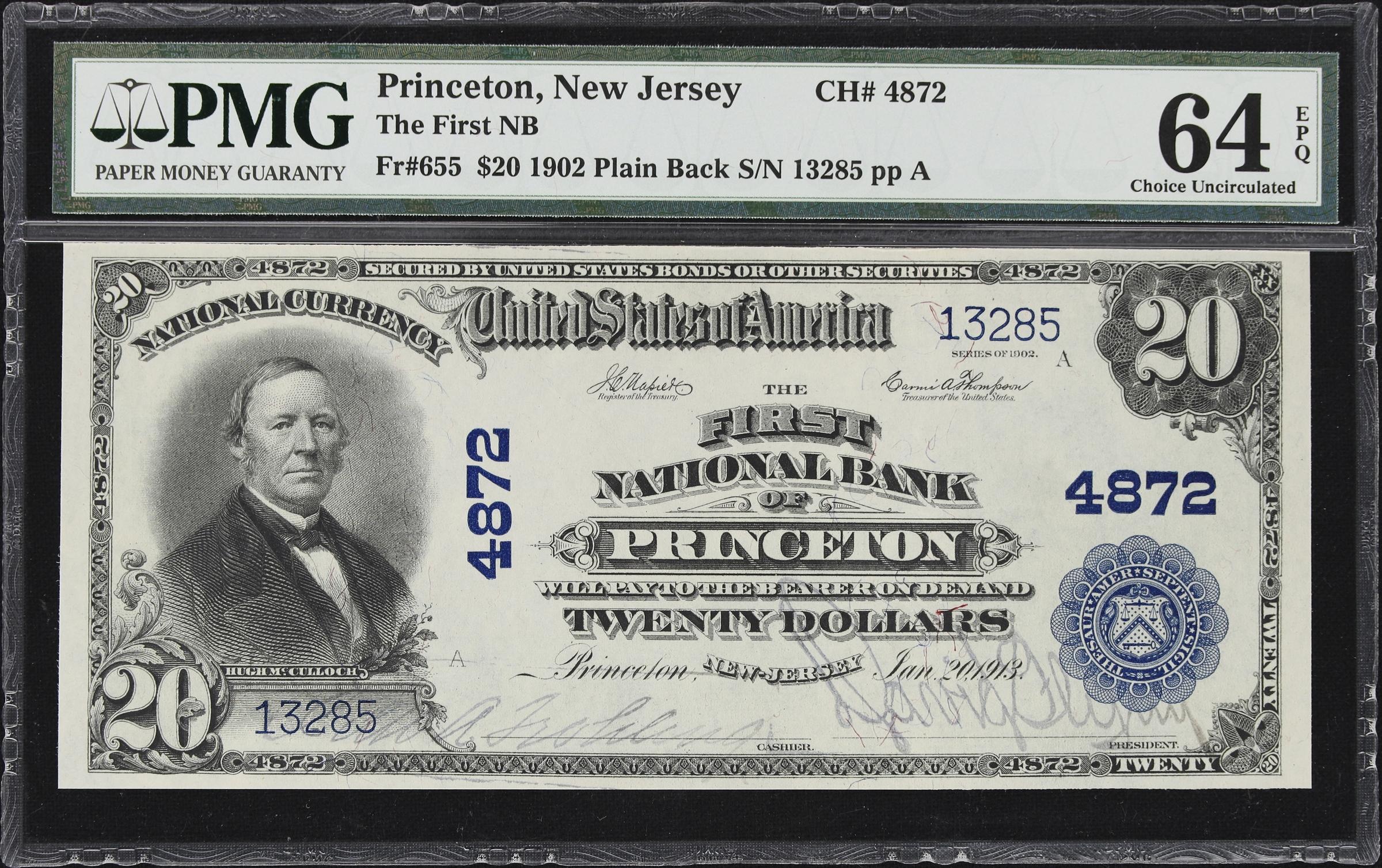 image for: Princeton, New Jersey. $20 1902 Plain Back. Fr. 655. First NB. Charter #4872. PMG Choice Uncirculated 64 EPQ.