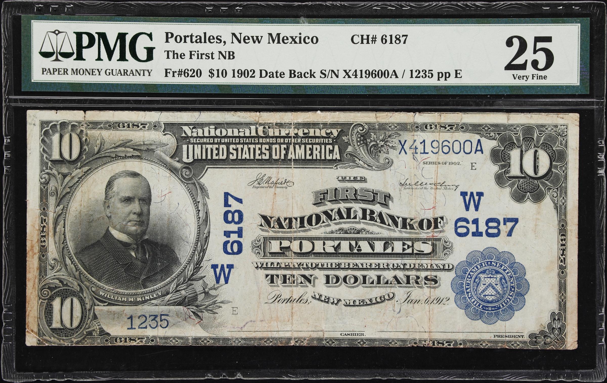 image for: Portales, New Mexico. $10 1902 Date Back. Fr. 620. First NB. Charter #6187. PMG Very Fine 25.
