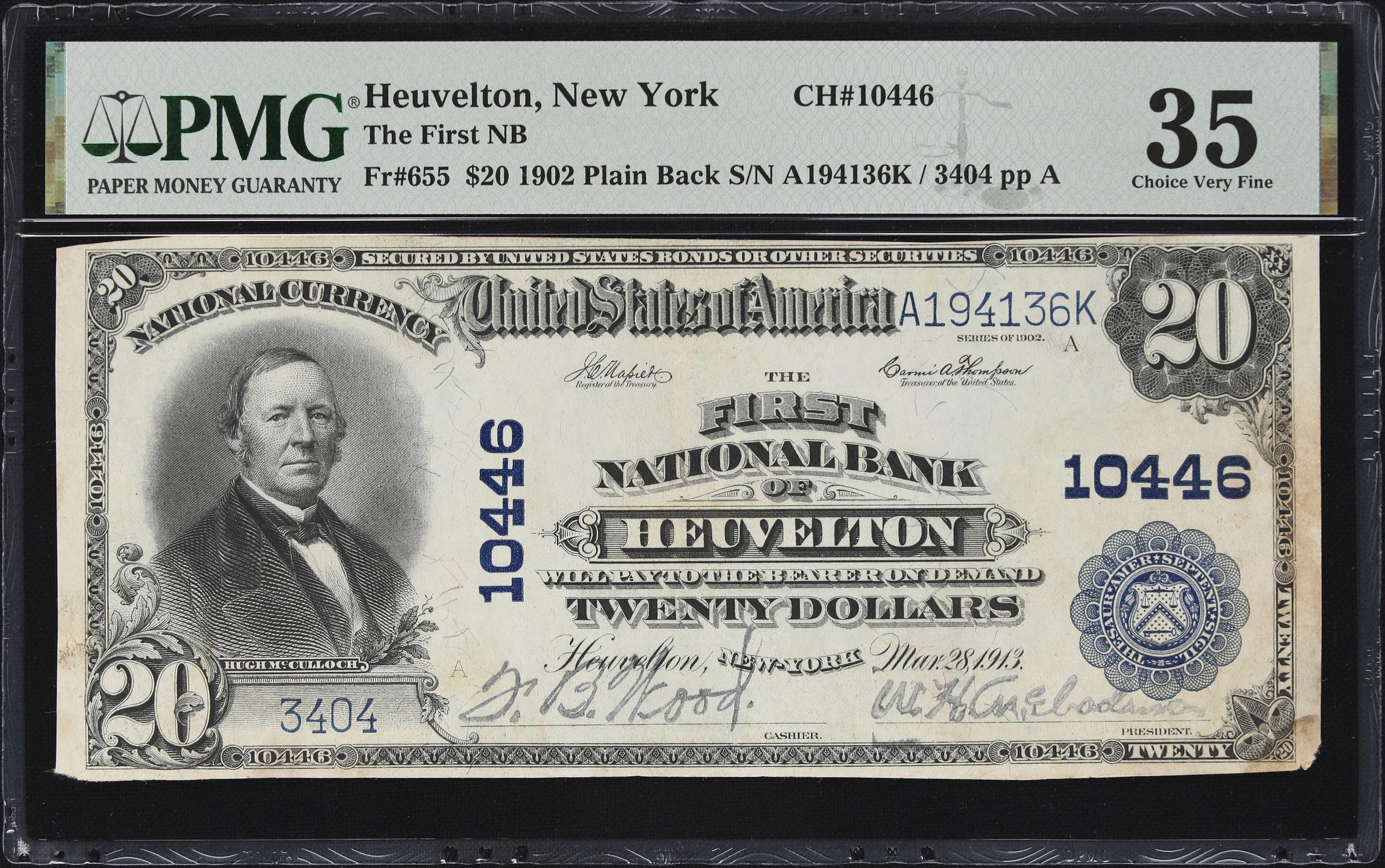 image for: Heuvelton, New York. 1902 Plain Back $20 Fr. 655. First NB. Charter #10446. PMG Choice Very Fine 35.