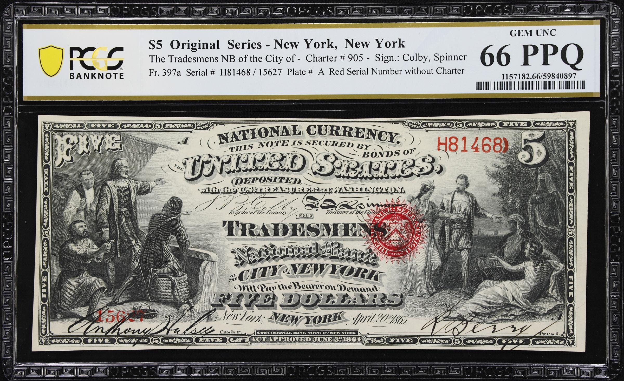 image for: New York, New York. Original $5 Fr. 397a. Tradesmen's NB. Charter #905. PCGS Banknote Gem Uncirculated 66 PPQ.
