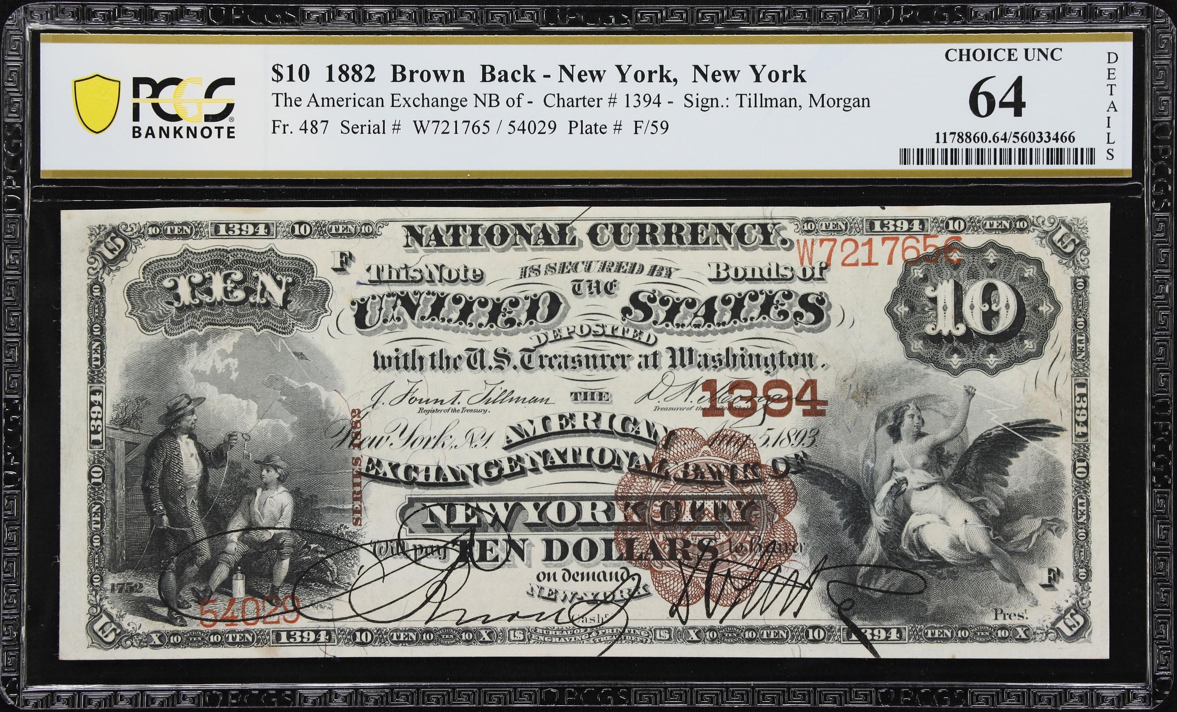 image for: New York, New York. 1882 Brown Back $10 Fr. 487. American Exchange NB. Charter #1394. PCGS Banknote Choice Uncirculated 64 Details. Internal Repairs.